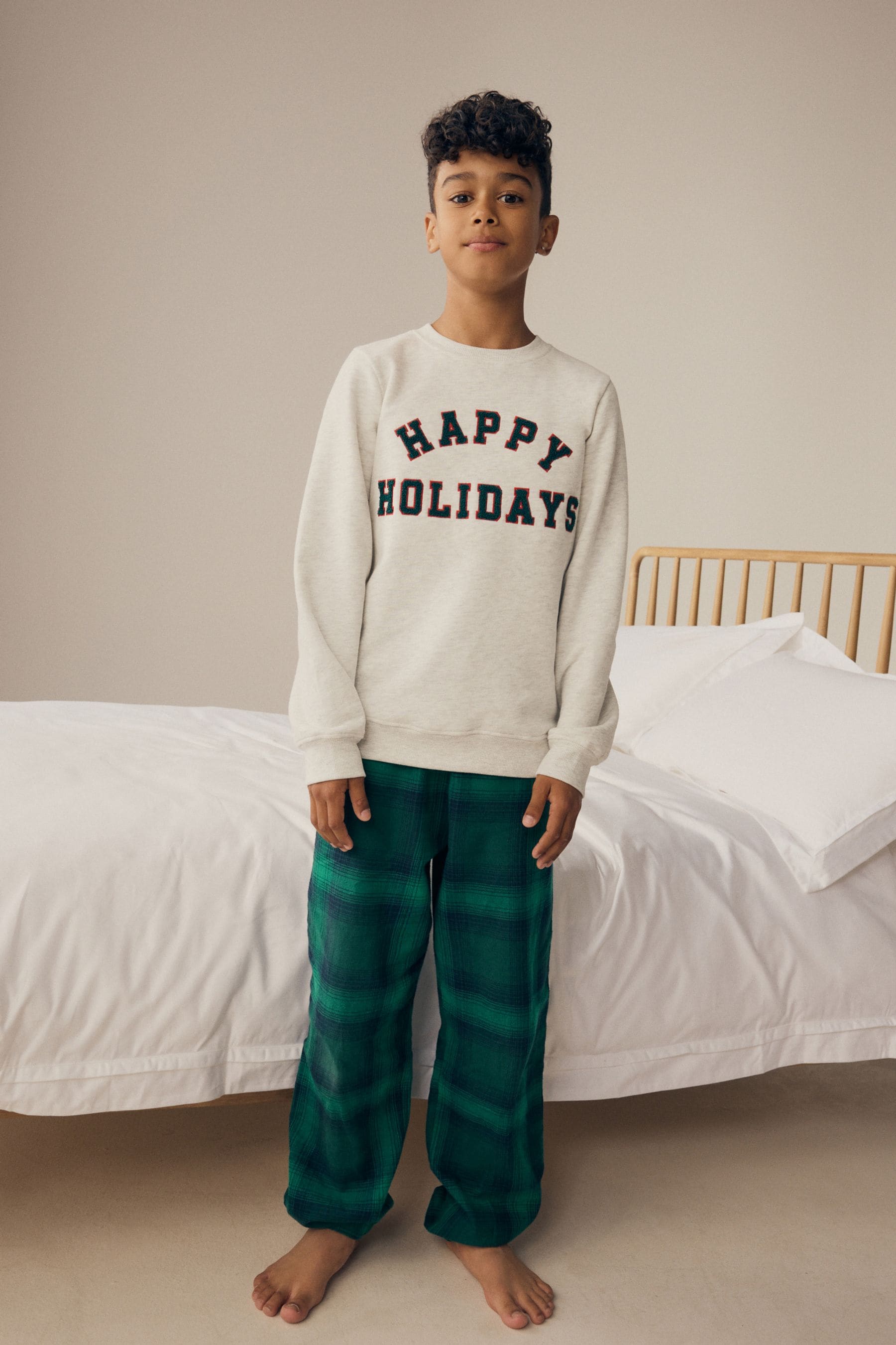 Grey/Green Matching Family Kids Christmas Happy Holidays Pyjamas (3-16yrs)