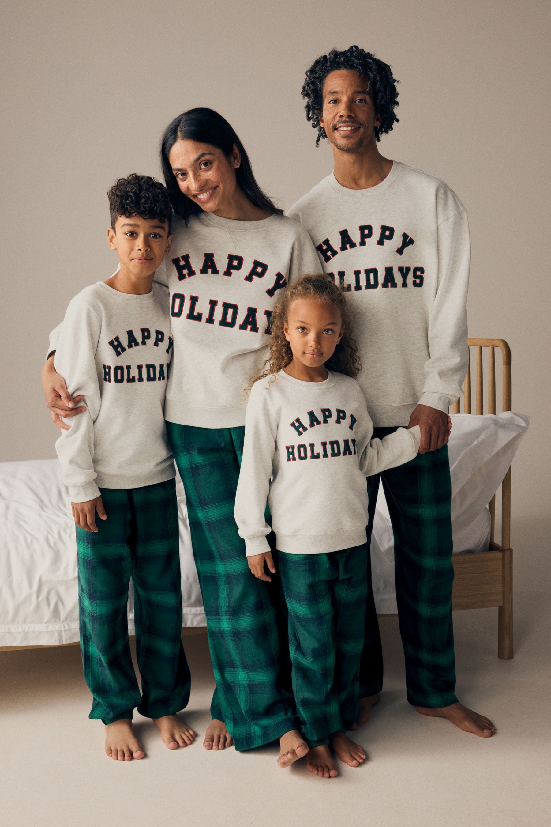 Grey/Green Matching Family Kids Christmas Happy Holidays Pyjamas (3-16yrs)