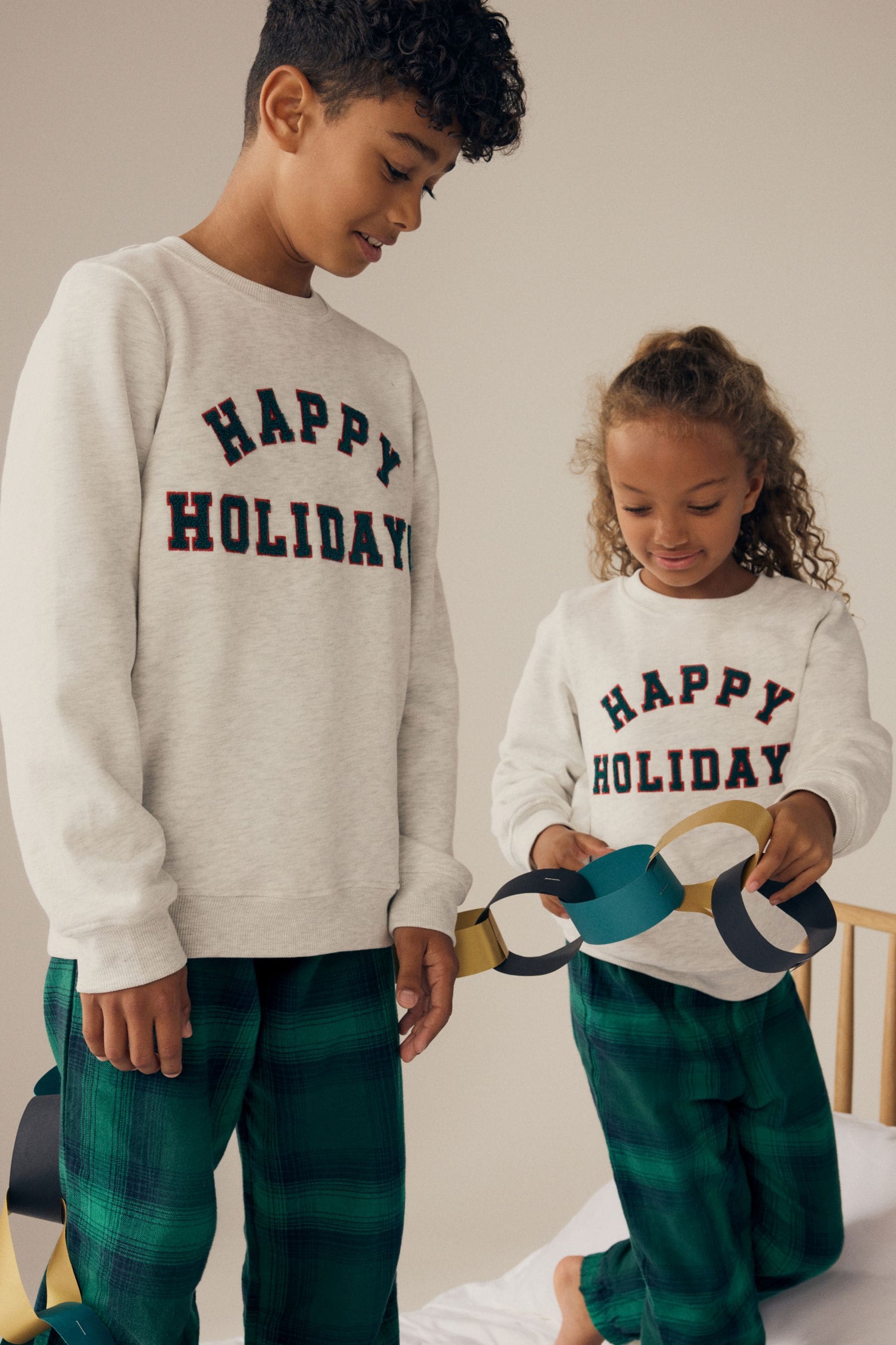 Grey/Green Matching Family Kids Christmas Happy Holidays Pyjamas (3-16yrs)