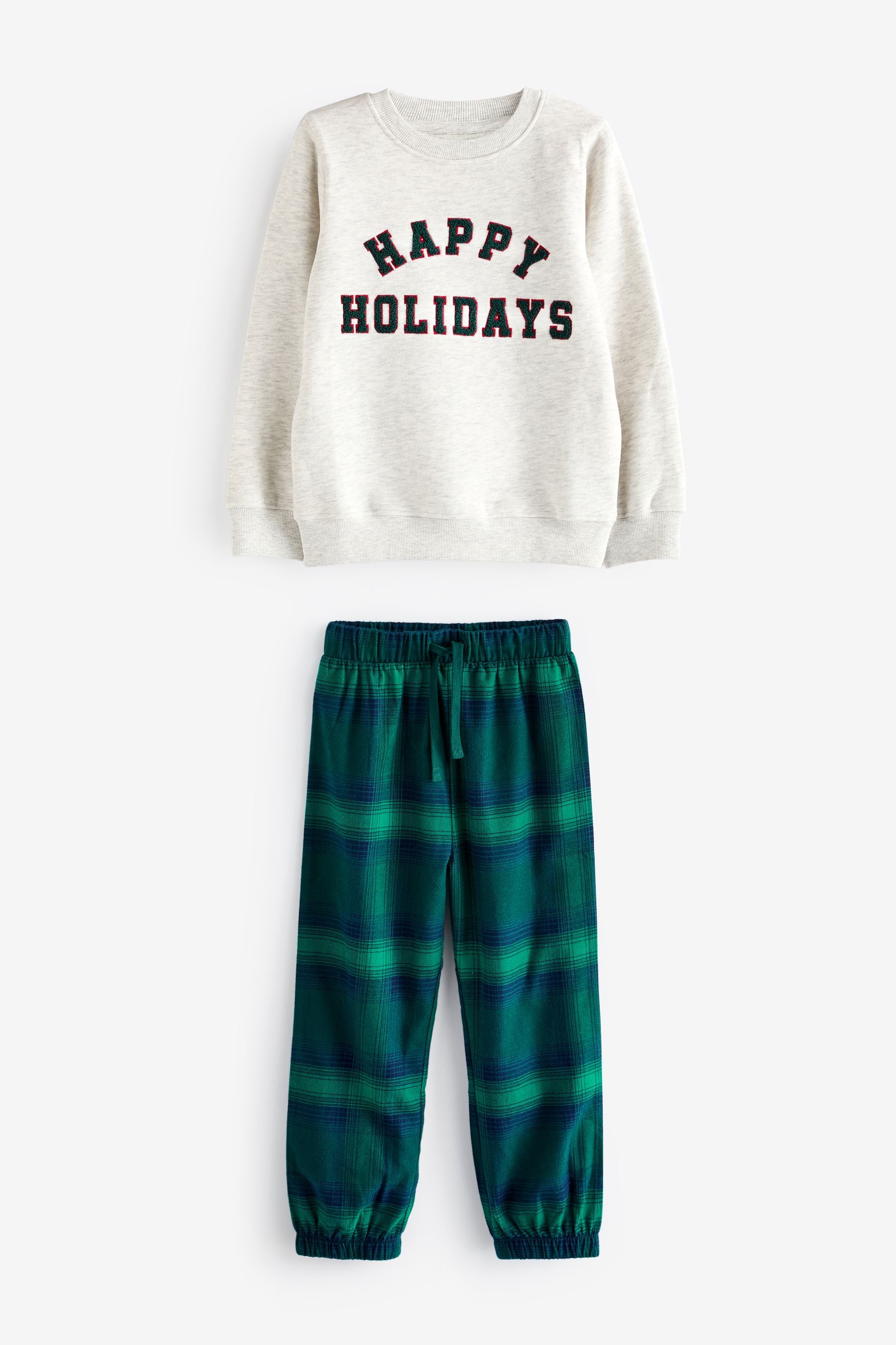 Grey/Green Matching Family Kids Christmas Happy Holidays Pyjamas (3-16yrs)