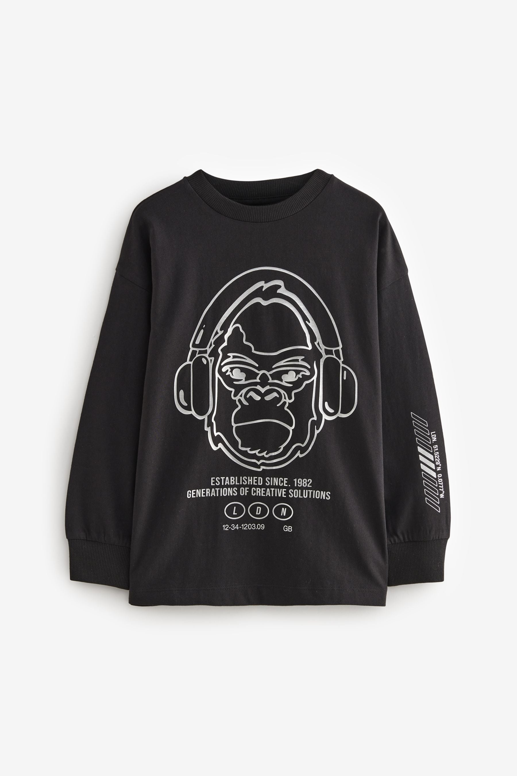 Black/Silver Gorilla Long Sleeve Graphic 100% Cotton T-Shirt (3-16yrs)