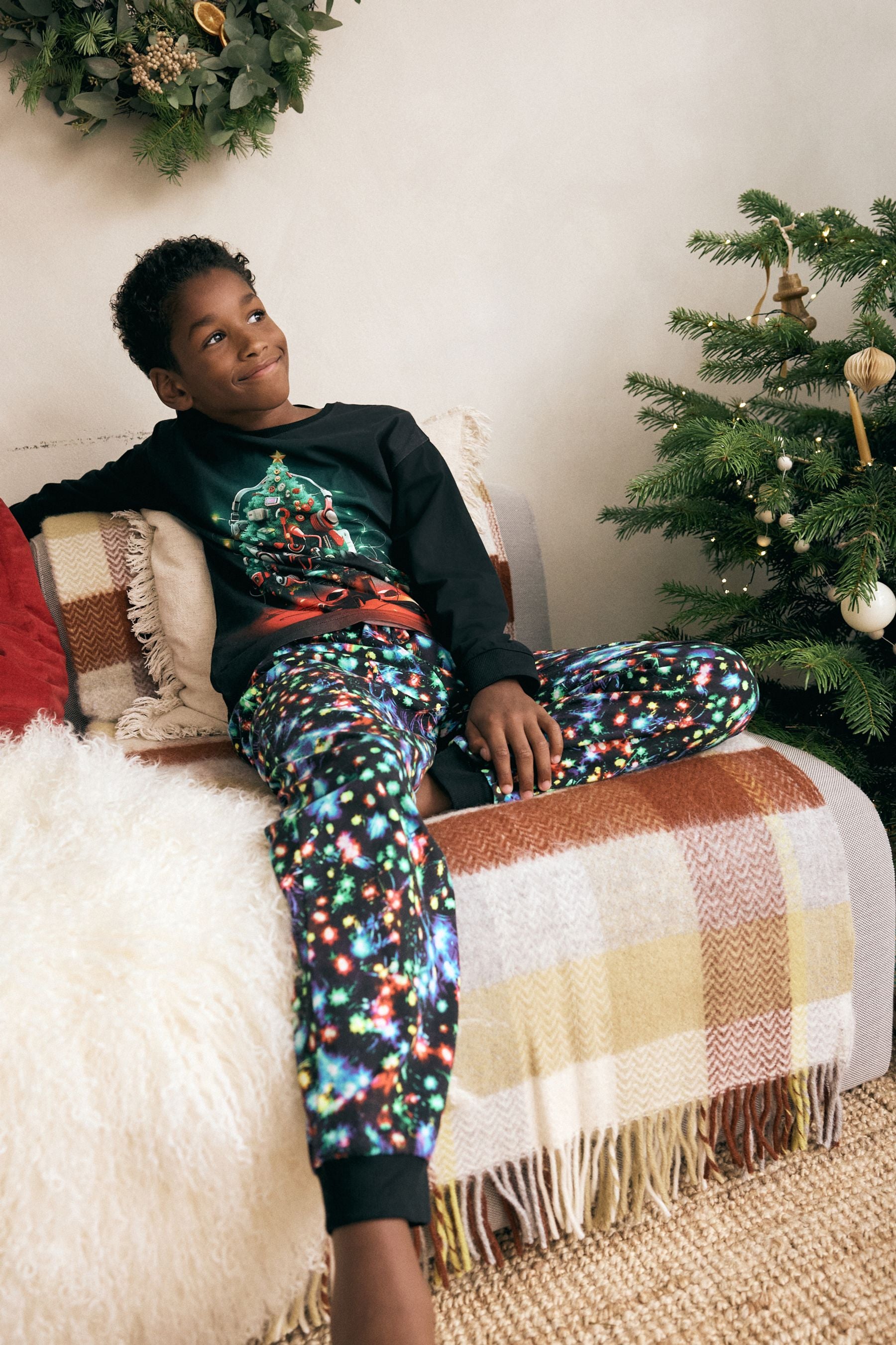 Black Gamer Christmas Tree Single Long Sleeve 100% Cotton Pyjamas (3-16yrs)