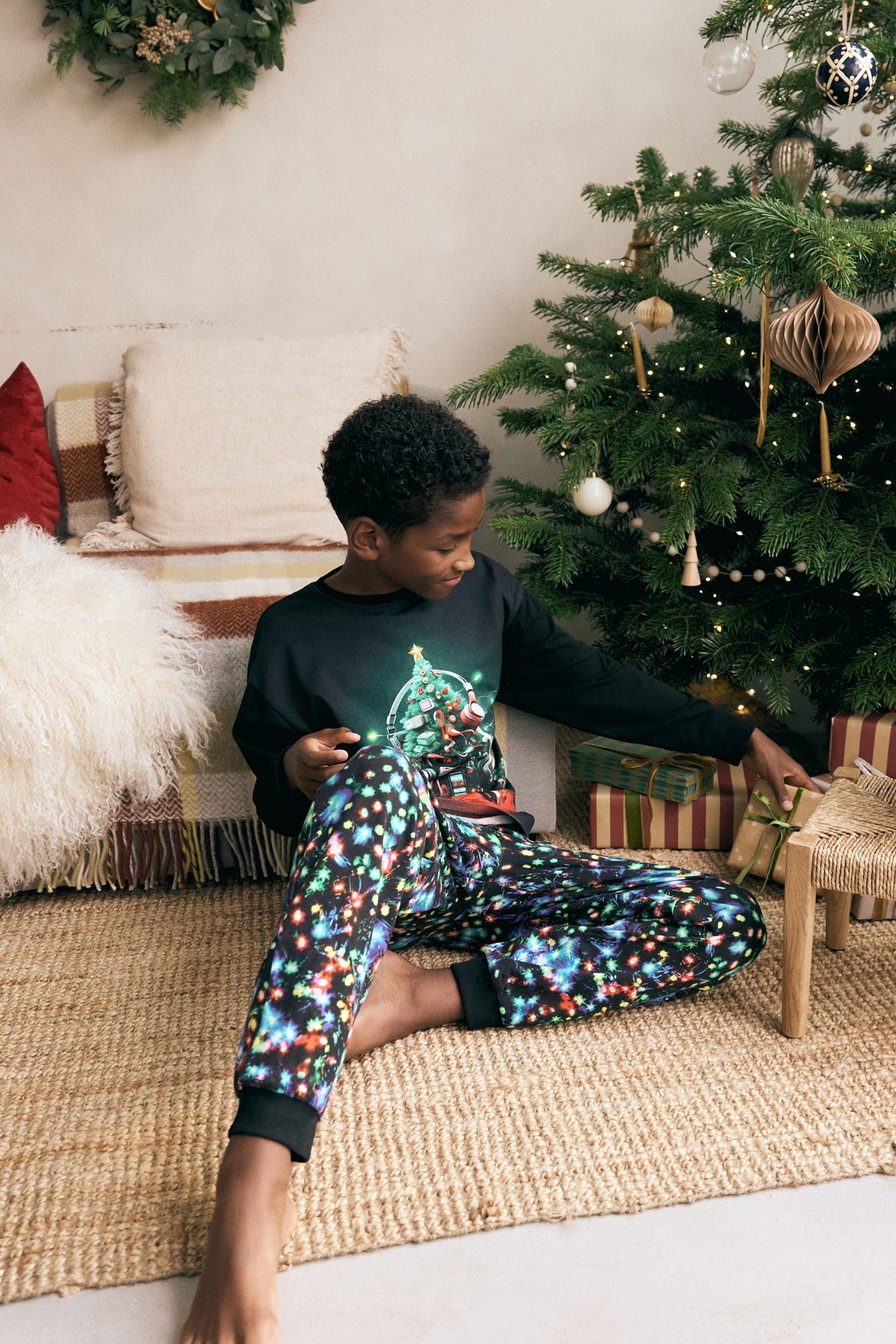 Black Gamer Christmas Tree Single Long Sleeve 100% Cotton Pyjamas (3-16yrs)