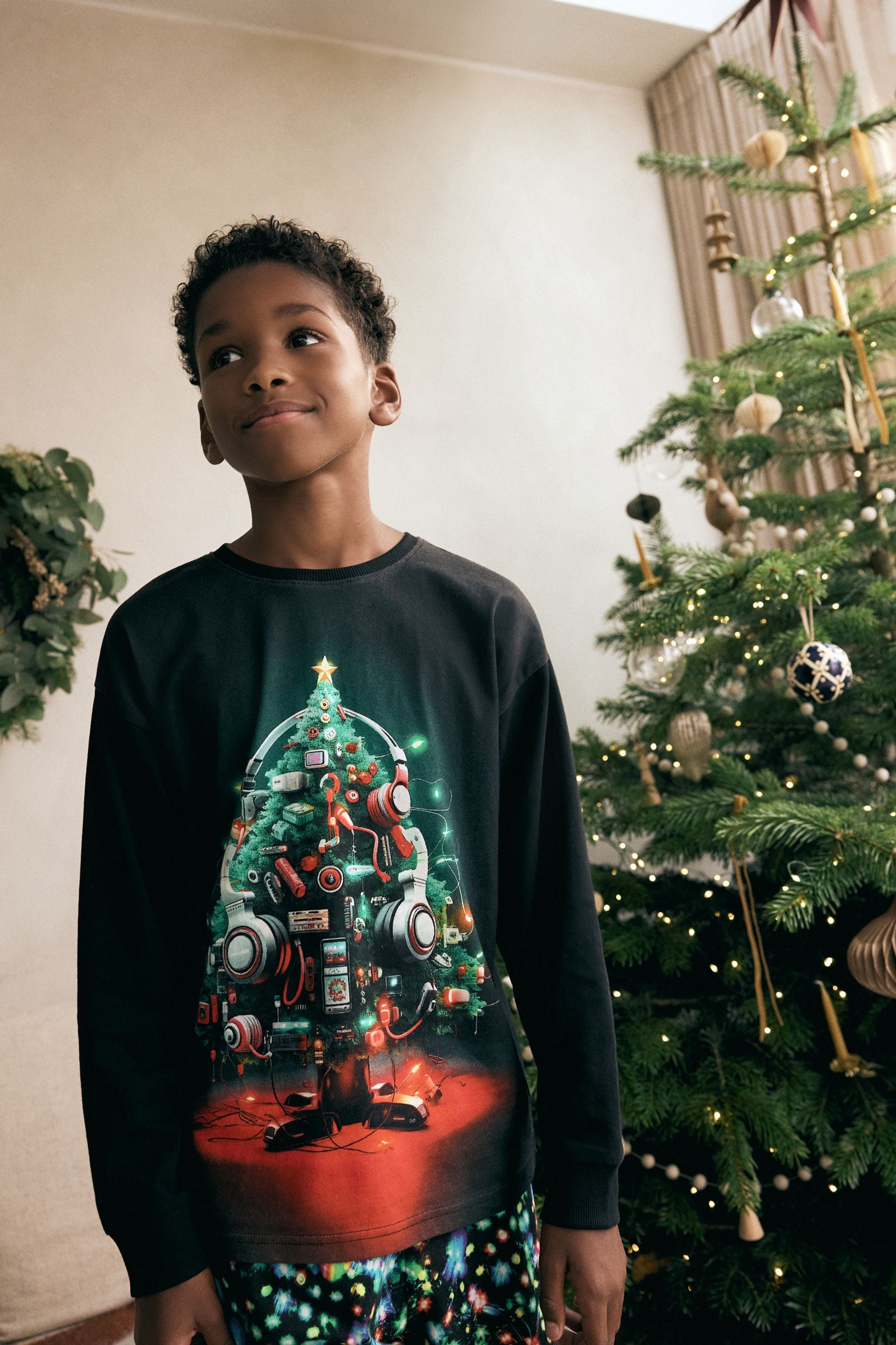 Black Gamer Christmas Tree Single Long Sleeve 100% Cotton Pyjamas (3-16yrs)