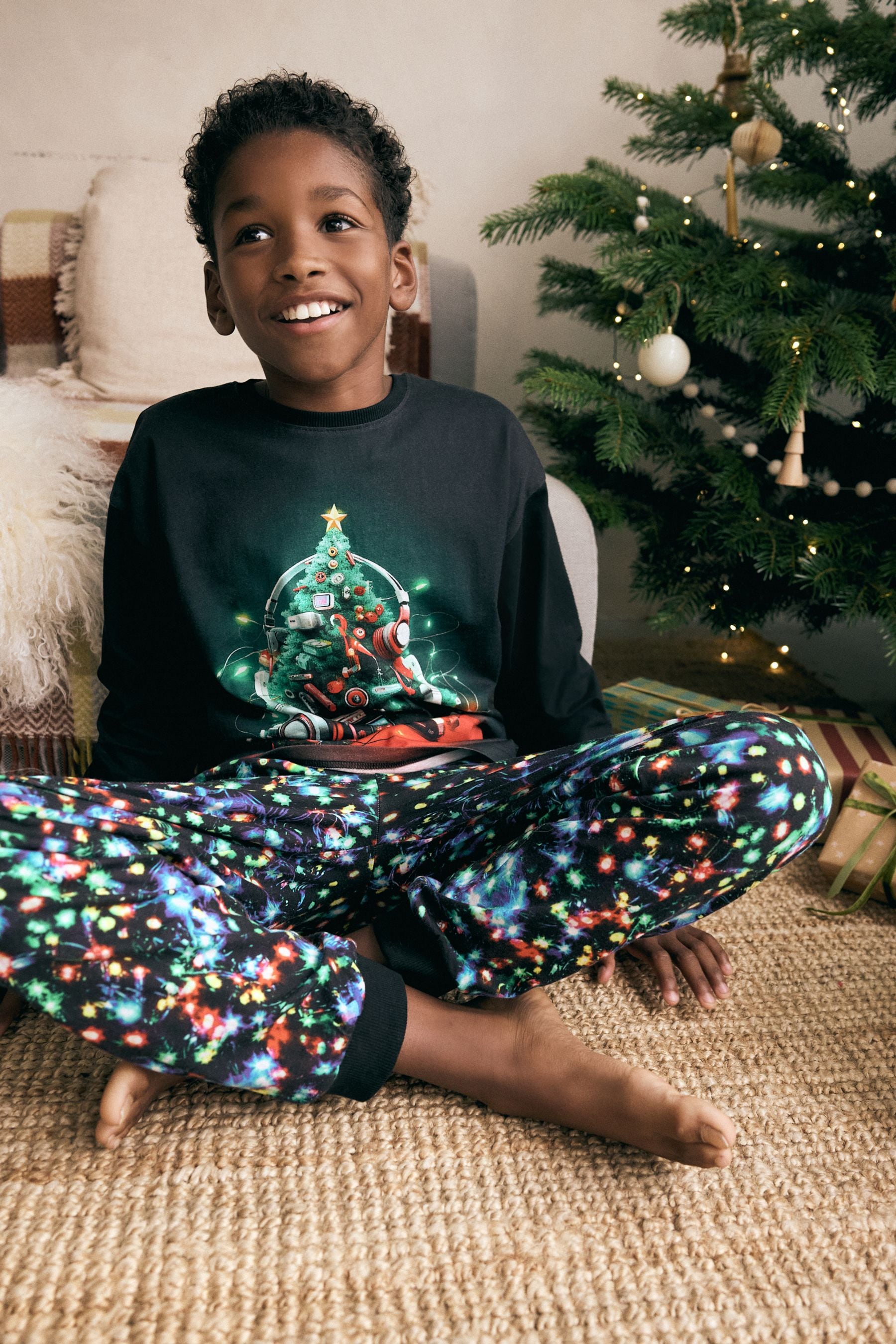 Black Gamer Christmas Tree Single Long Sleeve 100% Cotton Pyjamas (3-16yrs)