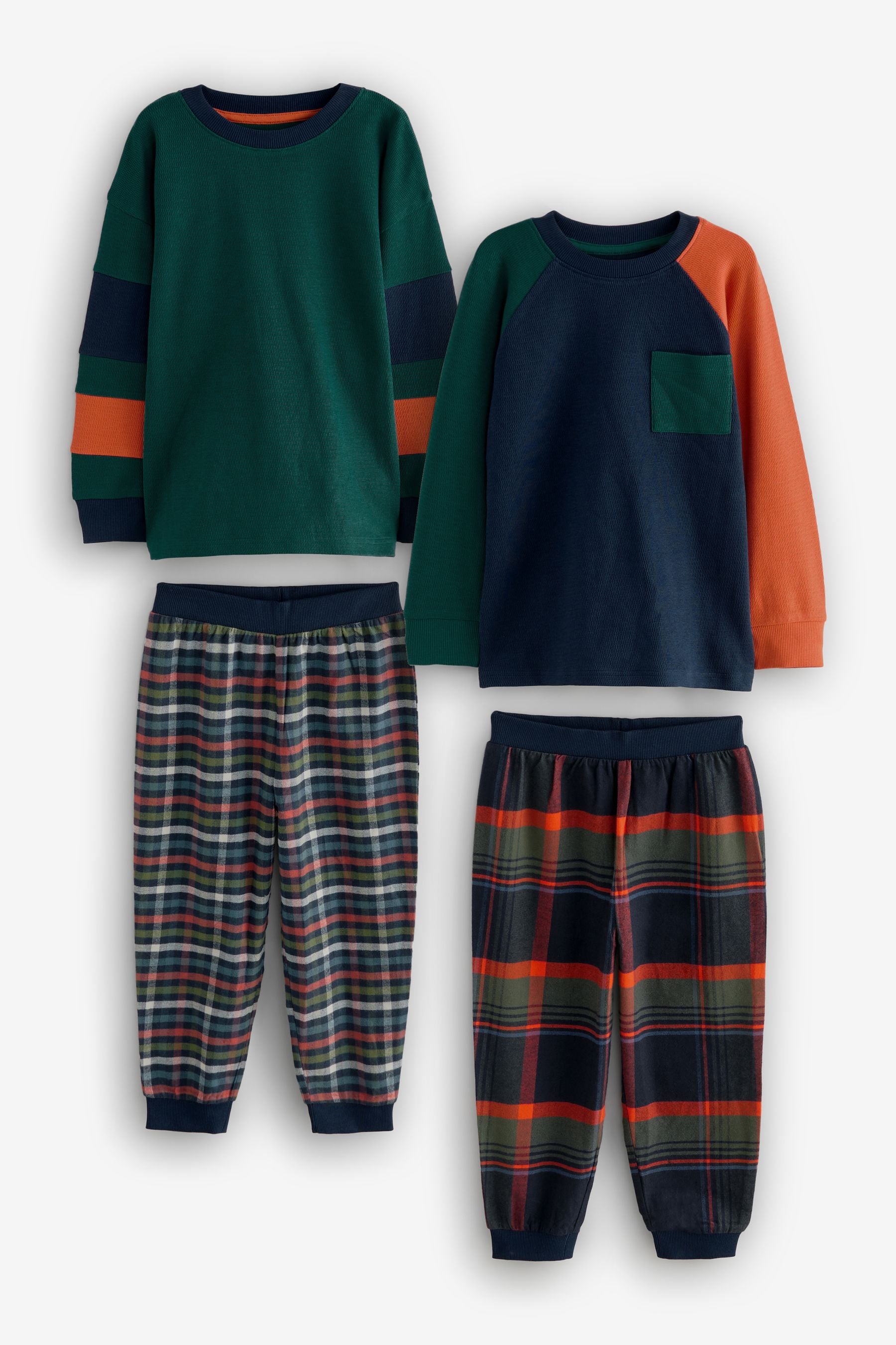 Green/Orange Long Sleeve Woven Check 100% Cotton Pyjamas 2 Pack (3-16yrs)