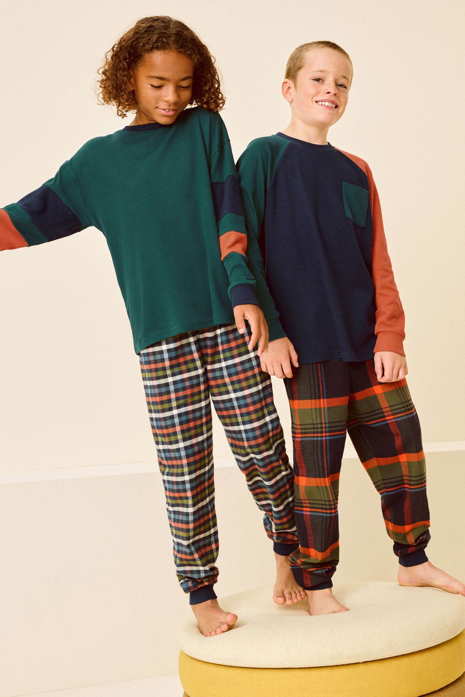 Green/Orange 2 Pack Long Sleeve Woven Check 100% Cotton Pyjamas (3-16yrs)