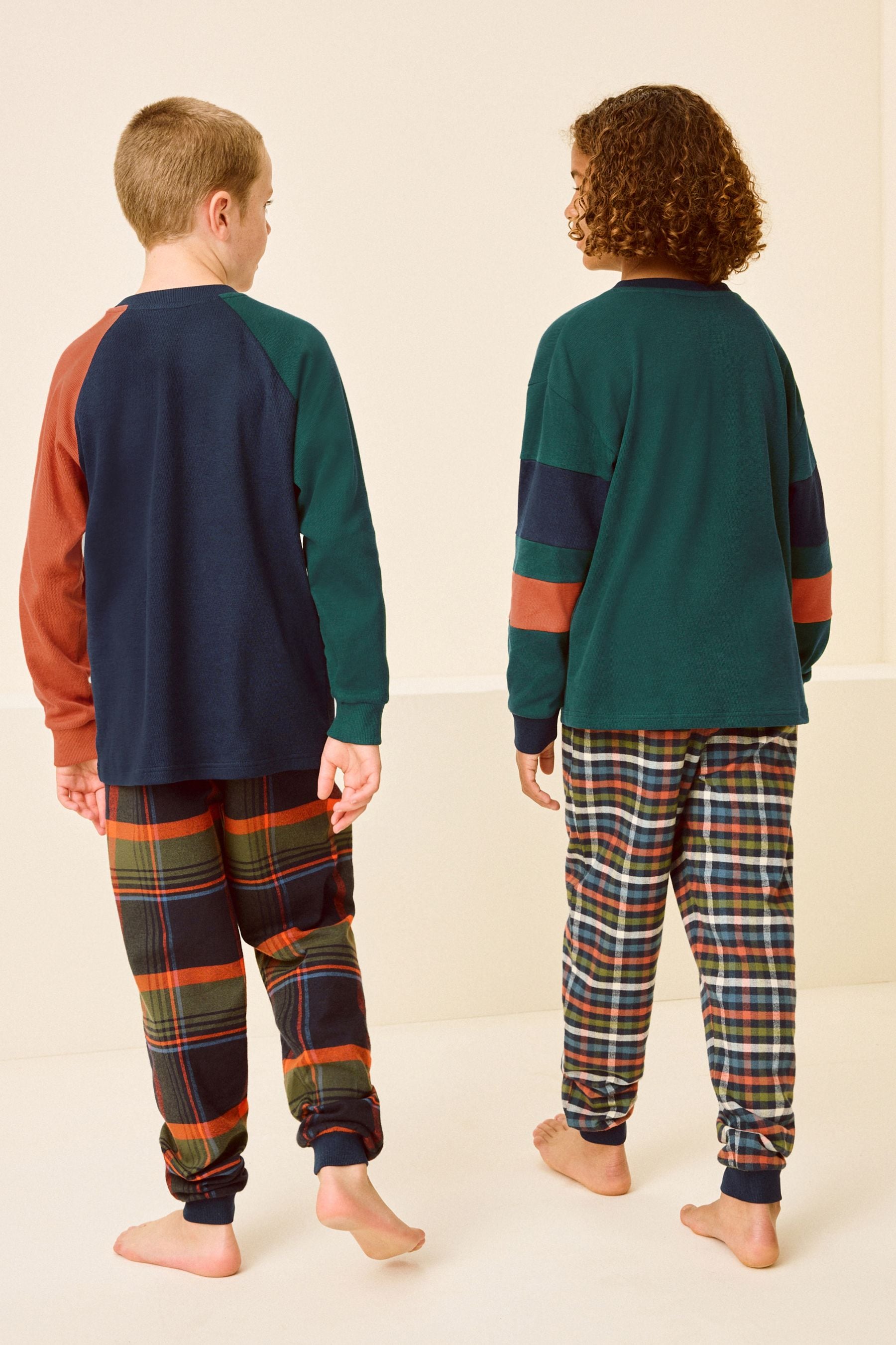 Green/Orange 2 Pack Long Sleeve Woven Check 100% Cotton Pyjamas (3-16yrs)