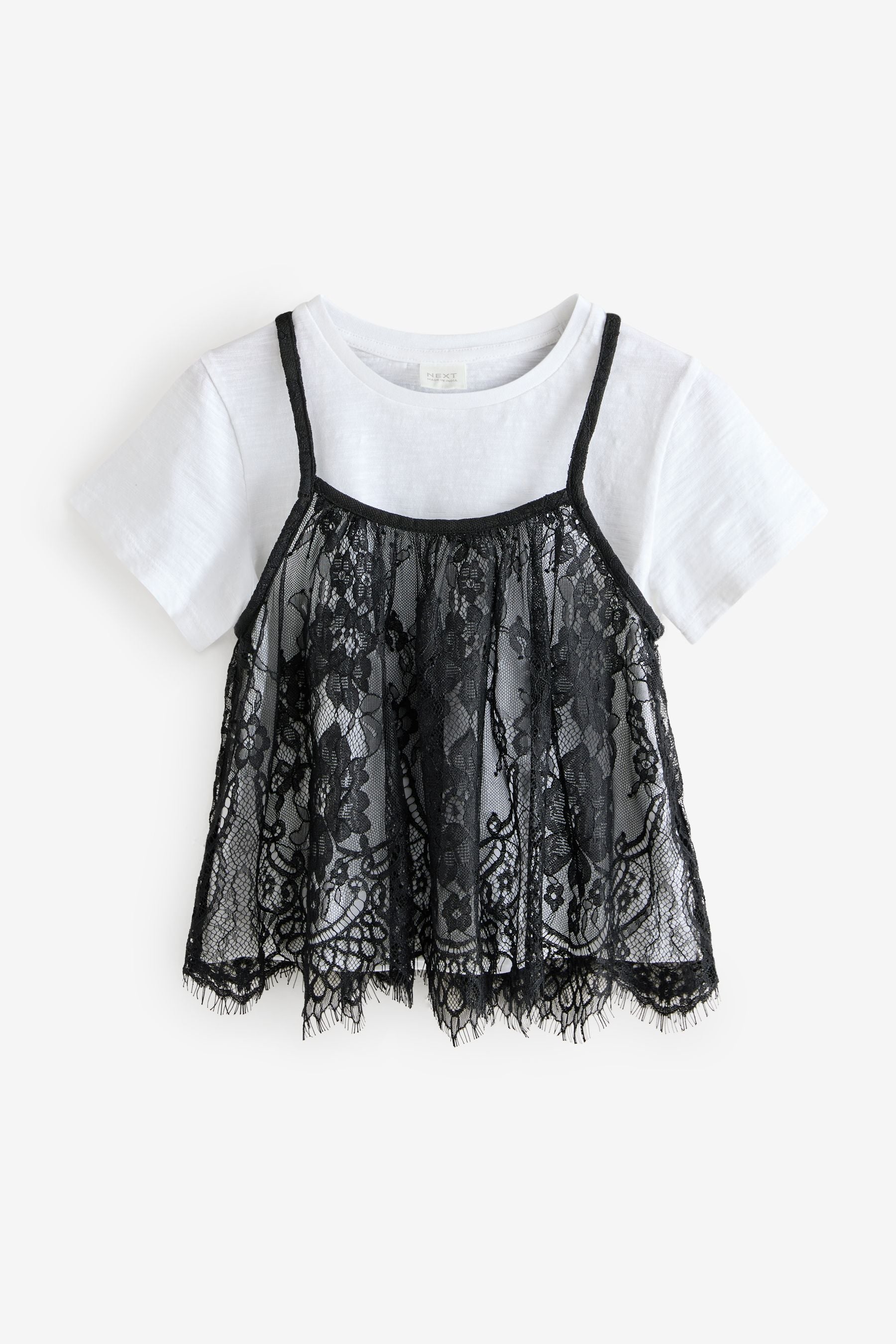 Black Lace Cami And 100% Cotton T-Shirt Set (3-16yrs)