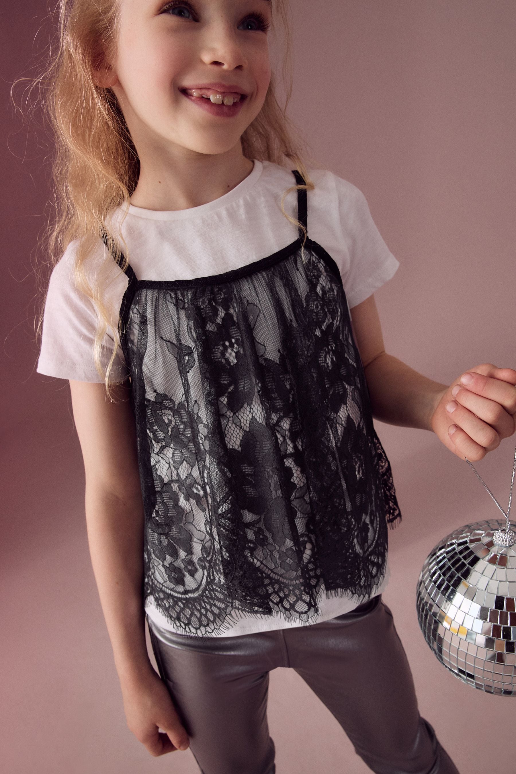 Black Lace Cami And 100% Cotton T-Shirt Set (3-16yrs)