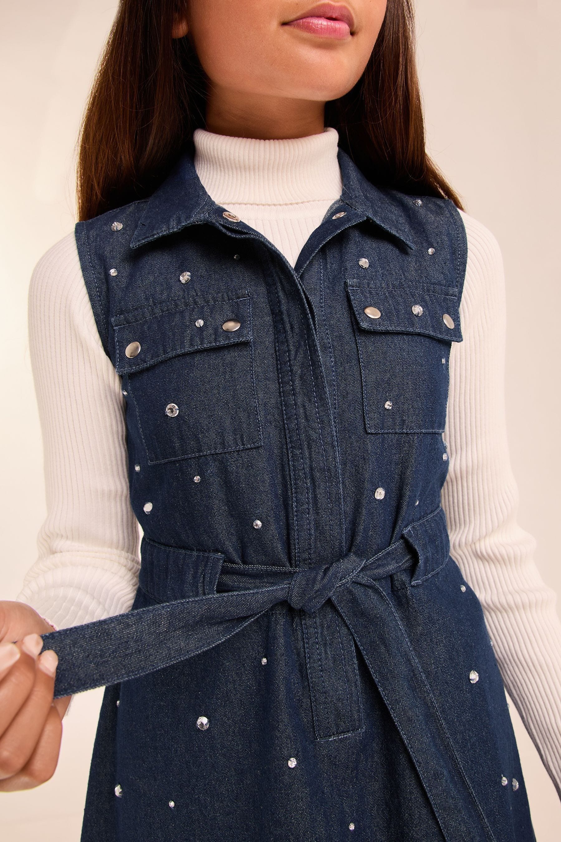 Lipsy Navy Blue Denim Studded Shirt Dress (5-16yrs)