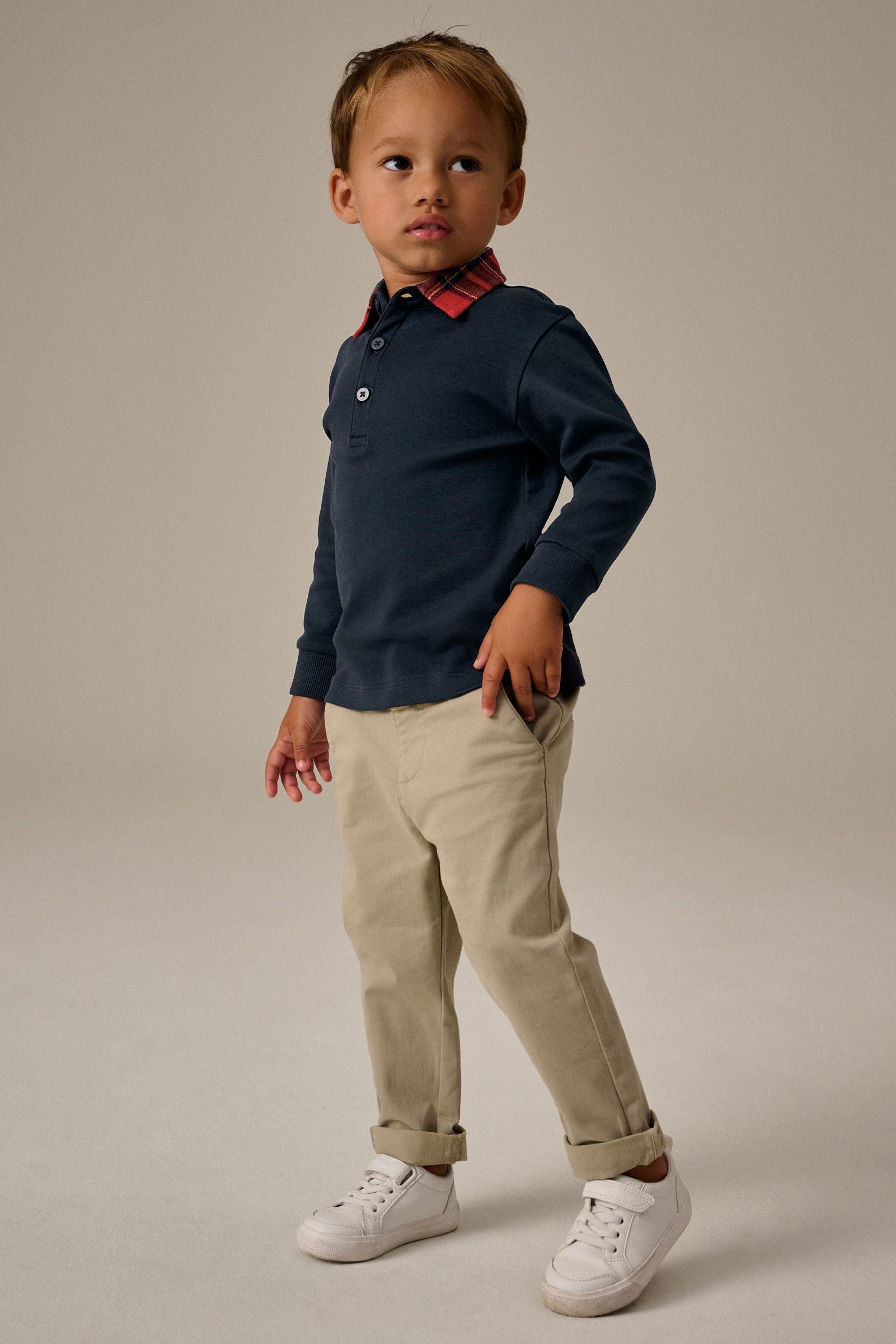 Navy Blue Tartan Collar Long Sleeve Polo Shirt (3mths-7yrs)