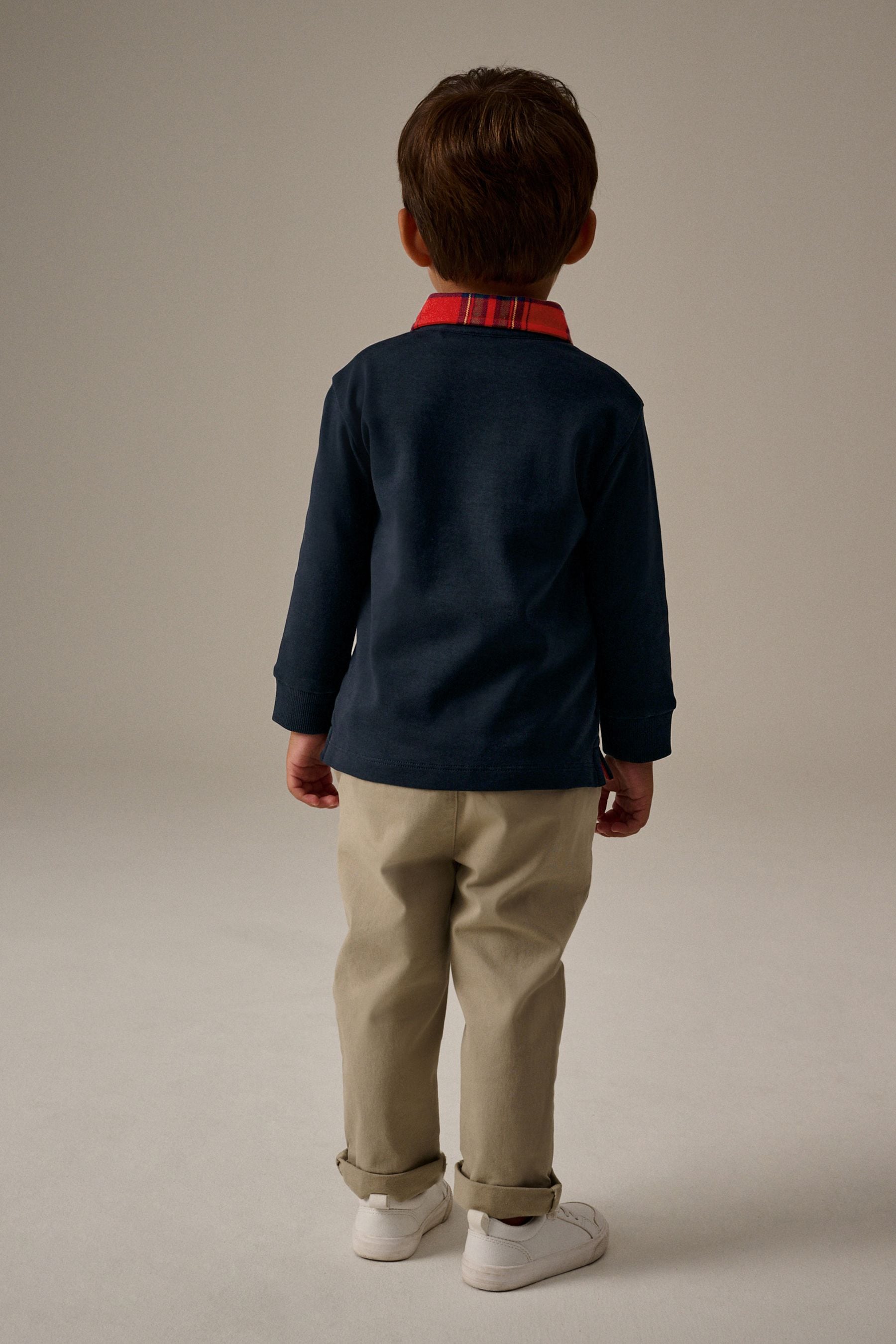 Navy Blue Tartan Collar Long Sleeve Polo Shirt (3mths-7yrs)