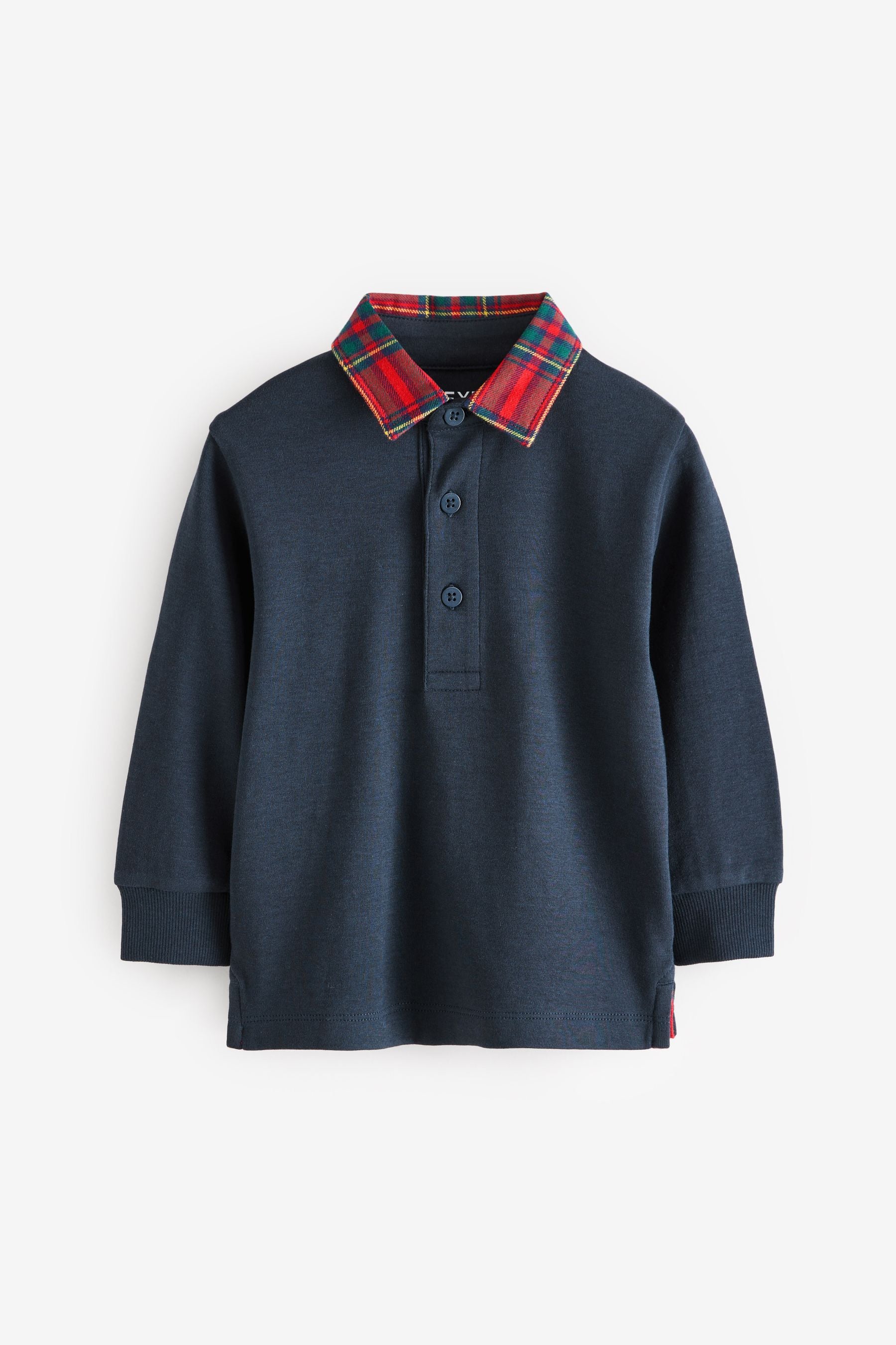 Navy Blue Tartan Collar Long Sleeve Polo Shirt (3mths-7yrs)