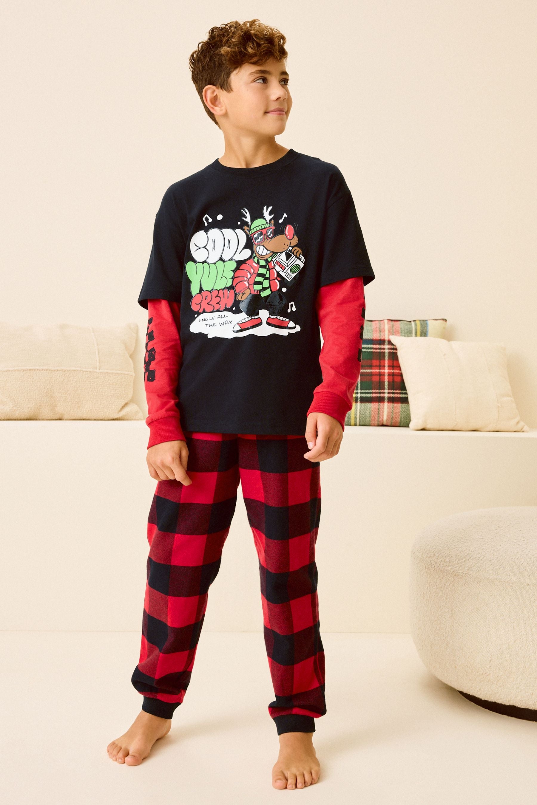 Red/Black Reindeer Check Woven Bottom Single Long Sleeve 100% Cotton Pyjamas (3-16yrs)