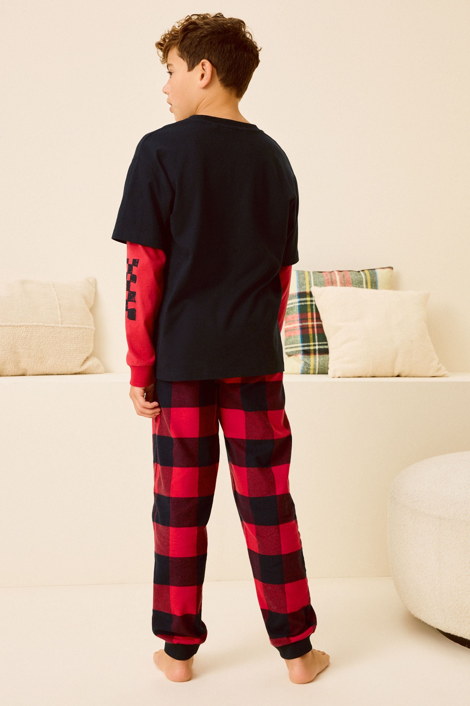 Red/Black Reindeer Check Woven Bottom Single Long Sleeve 100% Cotton Pyjamas (3-16yrs)