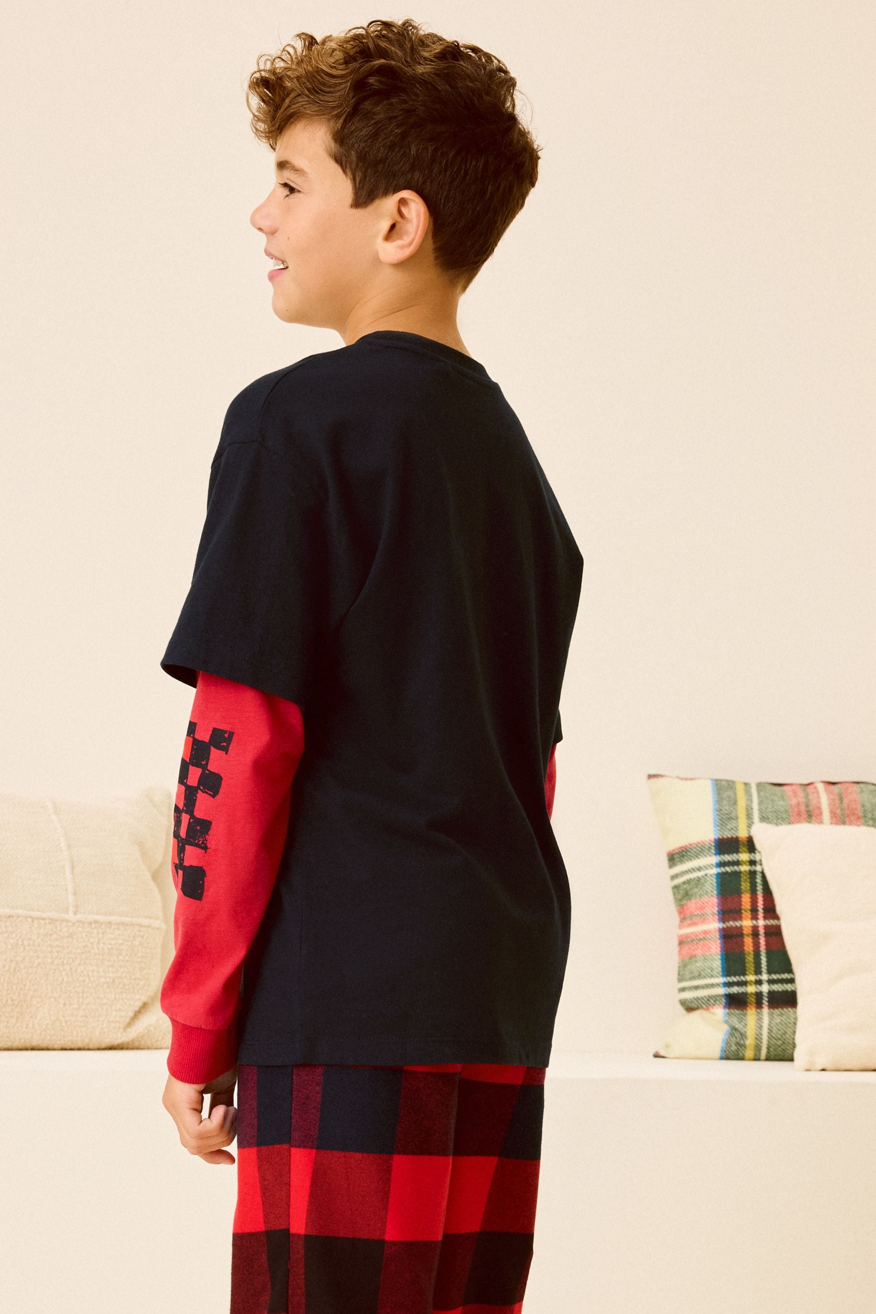 Red/Black Reindeer Check Woven Bottom Single Long Sleeve 100% Cotton Pyjamas (3-16yrs)