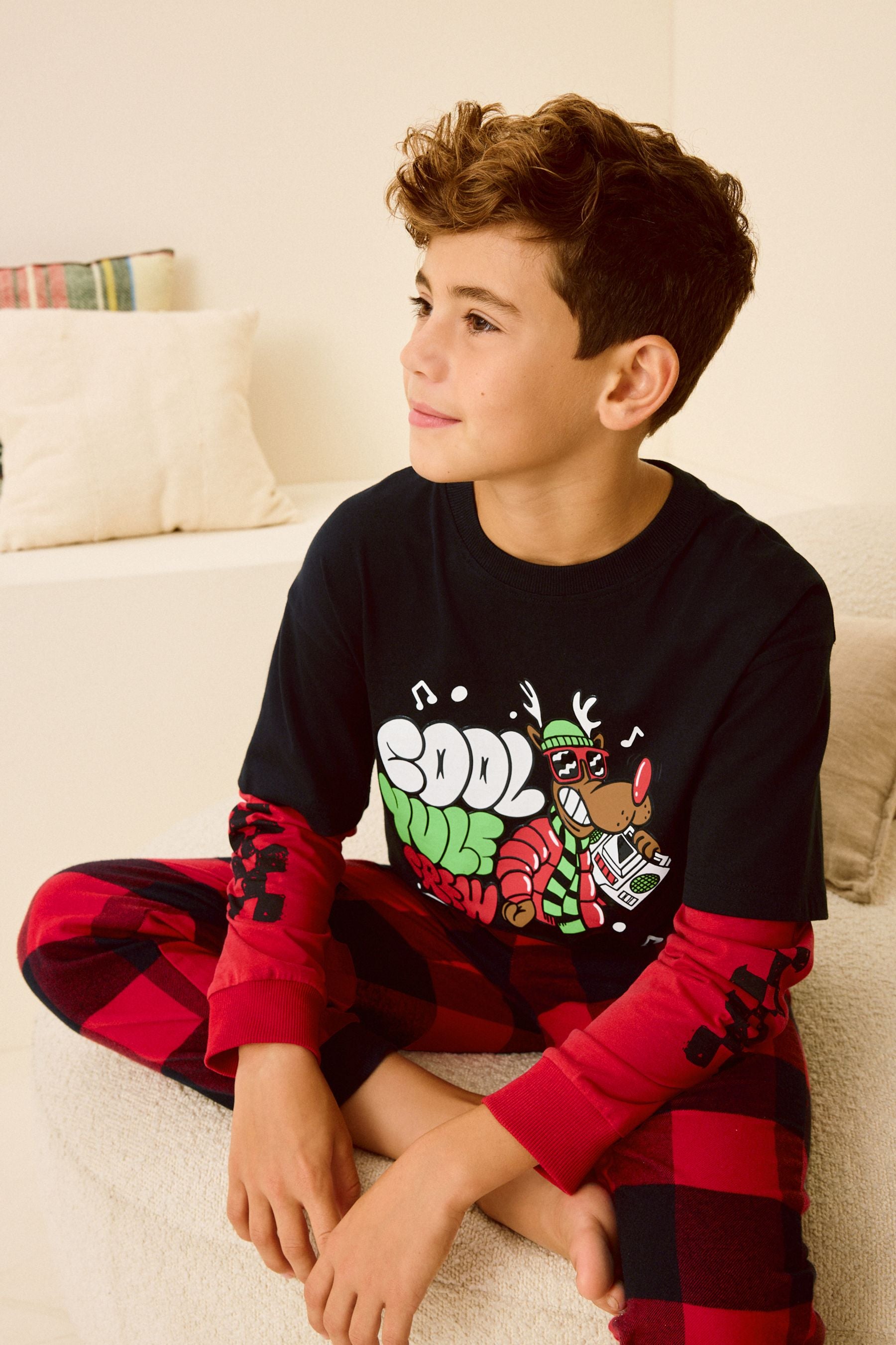 Red/Black Reindeer Check Woven Bottom Single Long Sleeve 100% Cotton Pyjamas (3-16yrs)