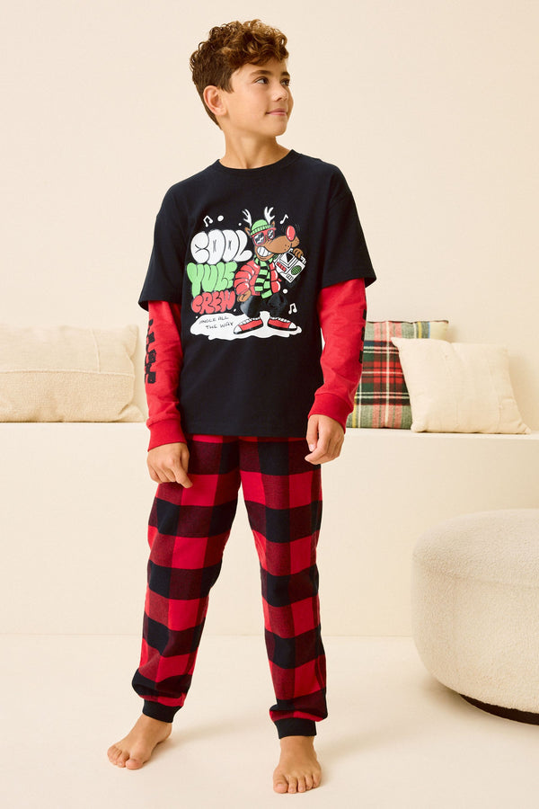 Red/Black Check Single Long Sleeve 100% Cotton Pyjamas (3-16yrs) (3-16yrs)