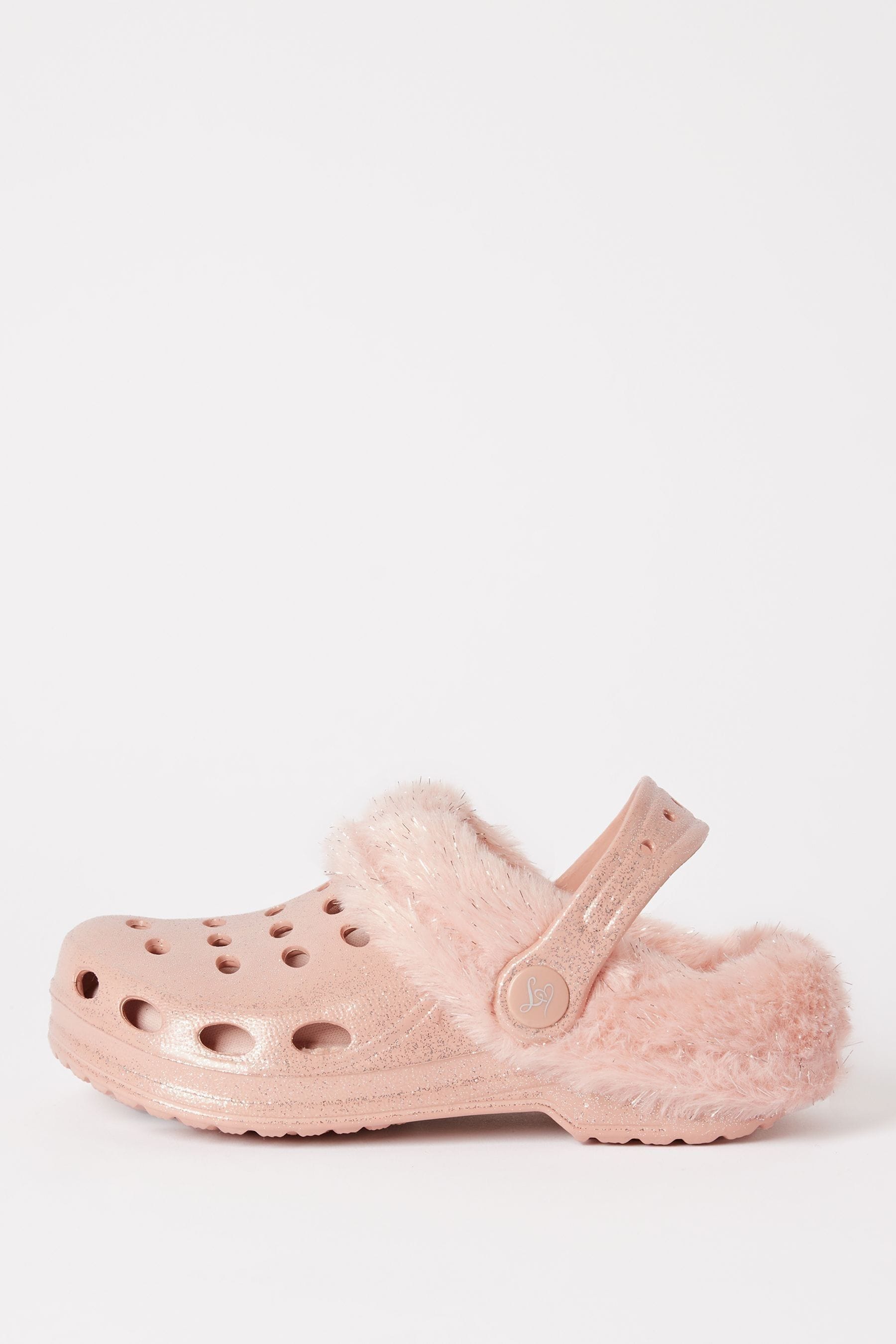 Pink Fleece Lined Faux Fur Slip On Clog Slippers