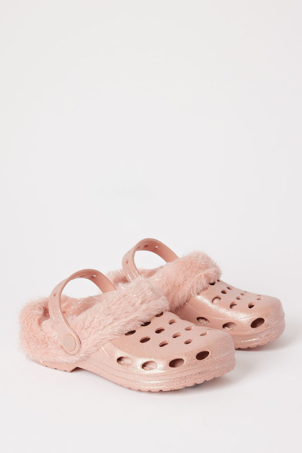 Pink Fleece Lined Faux Fur Slip On Clog Slippers