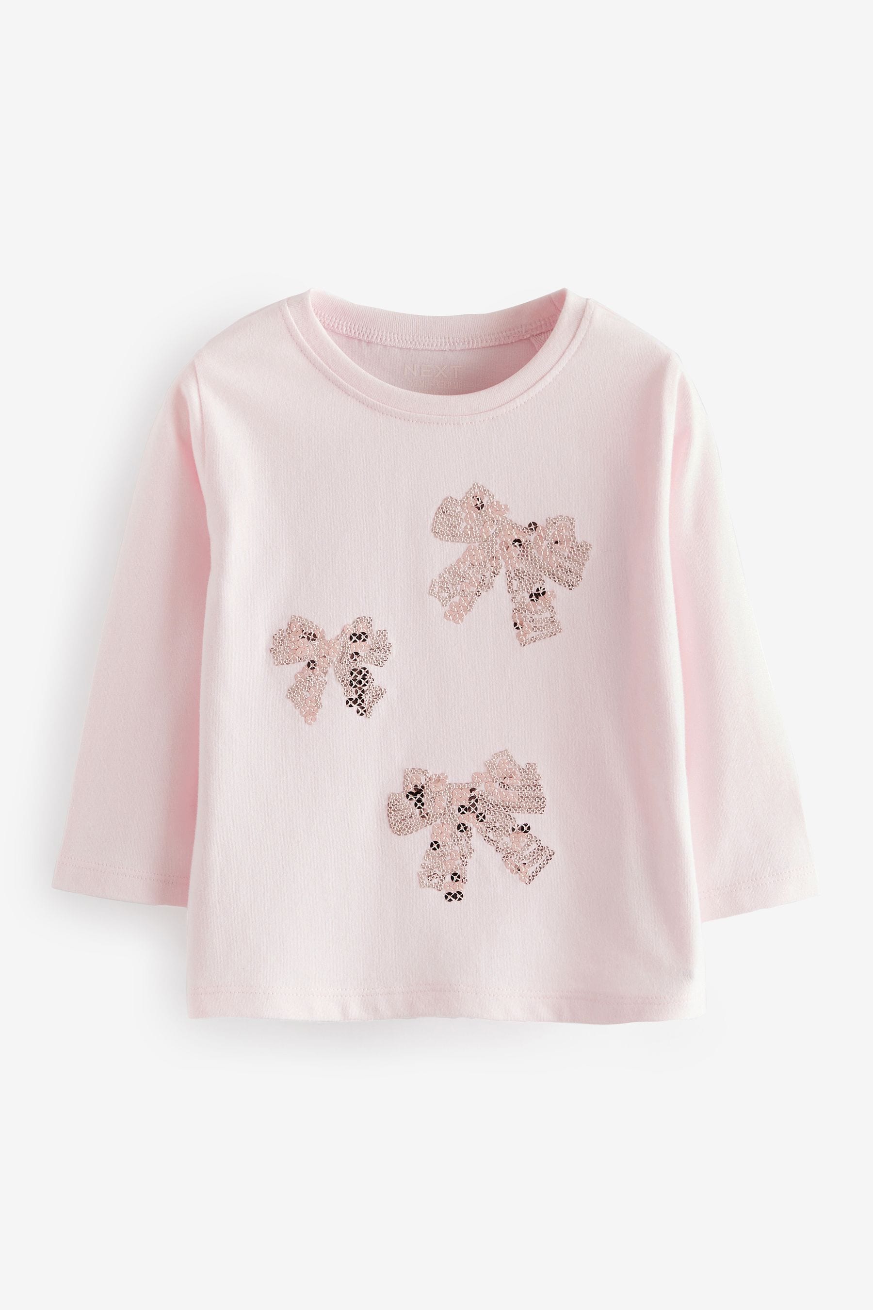 Pink 100% Cotton Long Sleeve Bow Sequin T-Shirt (9mths-7yrs)