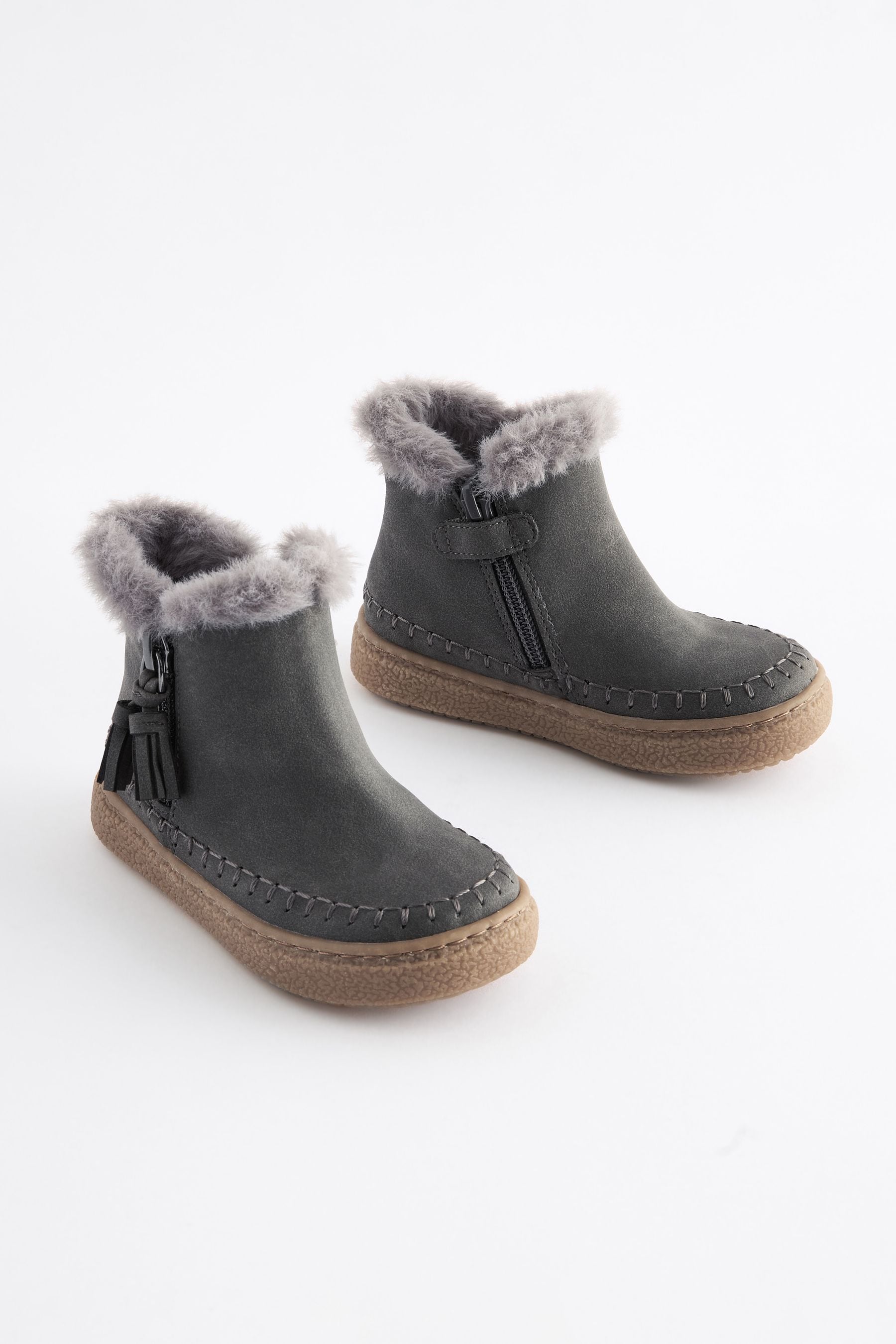 Charcoal Grey Faux Fur Lined Tassel Boots