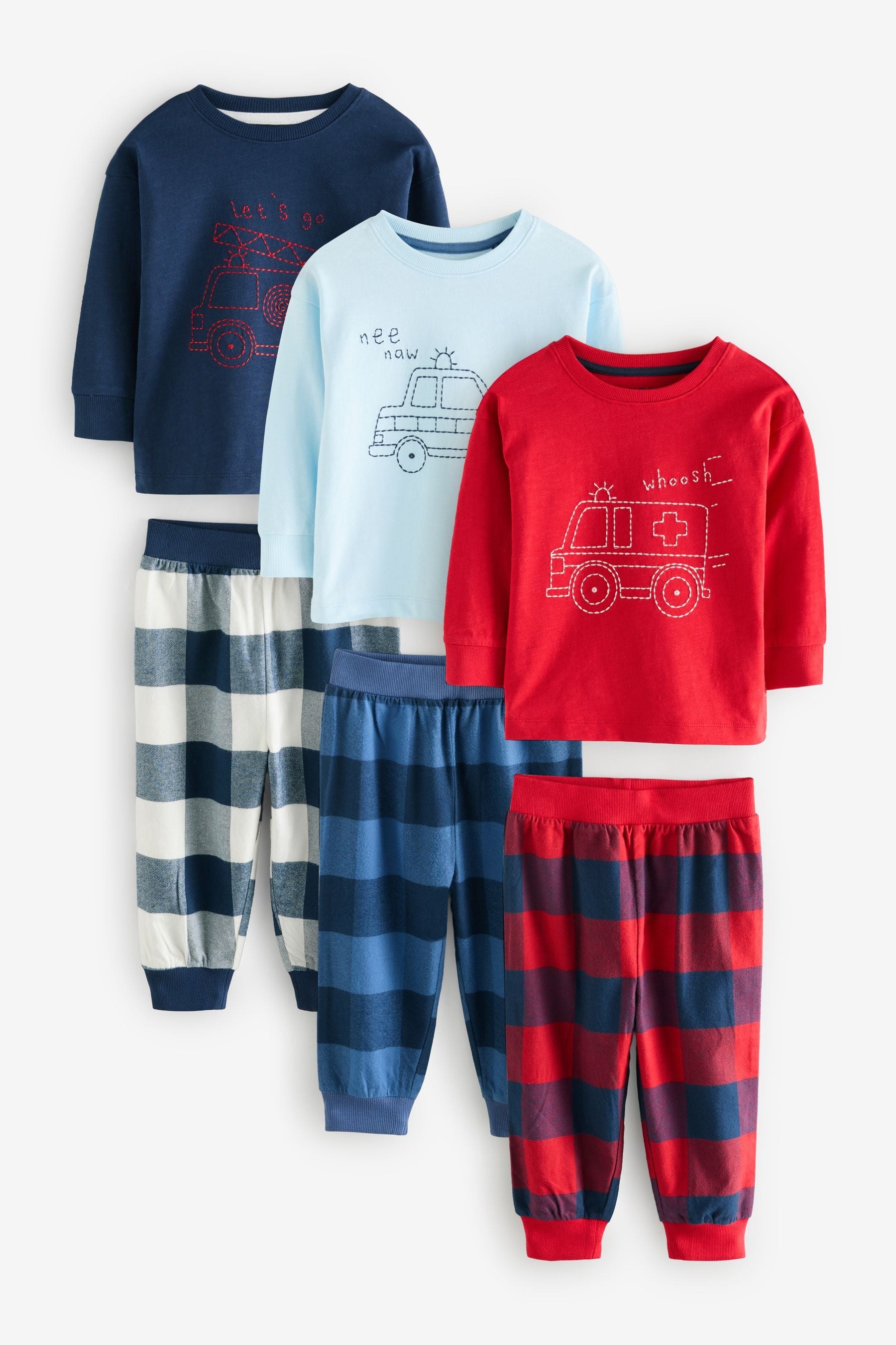 Red/Navy/Blue Vehicle Check Woven Bottom 100% Cotton Pyjamas 3 Pack (9mths-8yrs)