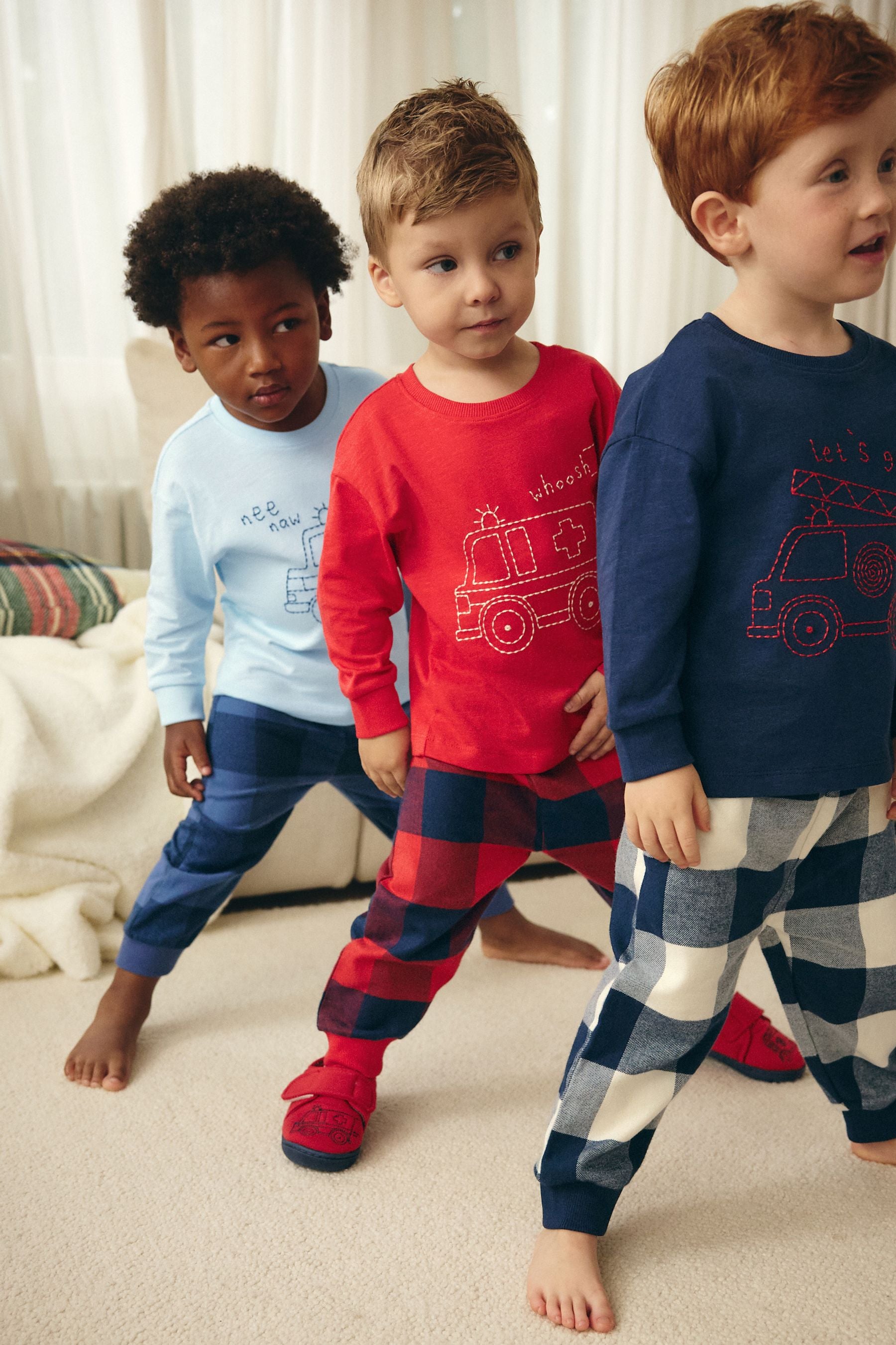 Red/Navy/Blue Vehicle Check Woven Bottom 100% Cotton Pyjamas 3 Pack (9mths-8yrs)