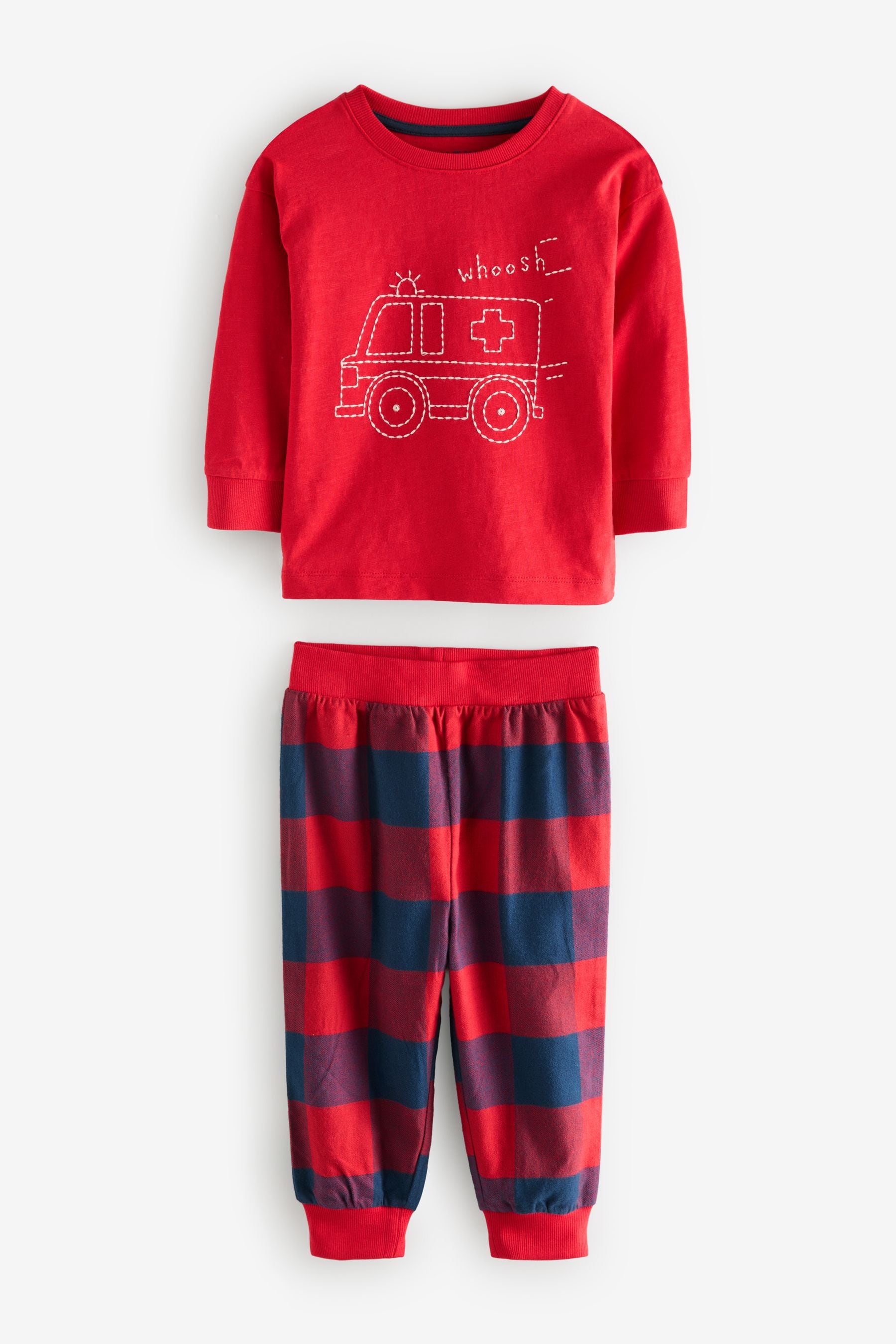 Red/Navy/Blue Vehicle Check Woven Bottom 100% Cotton Pyjamas 3 Pack (9mths-8yrs)