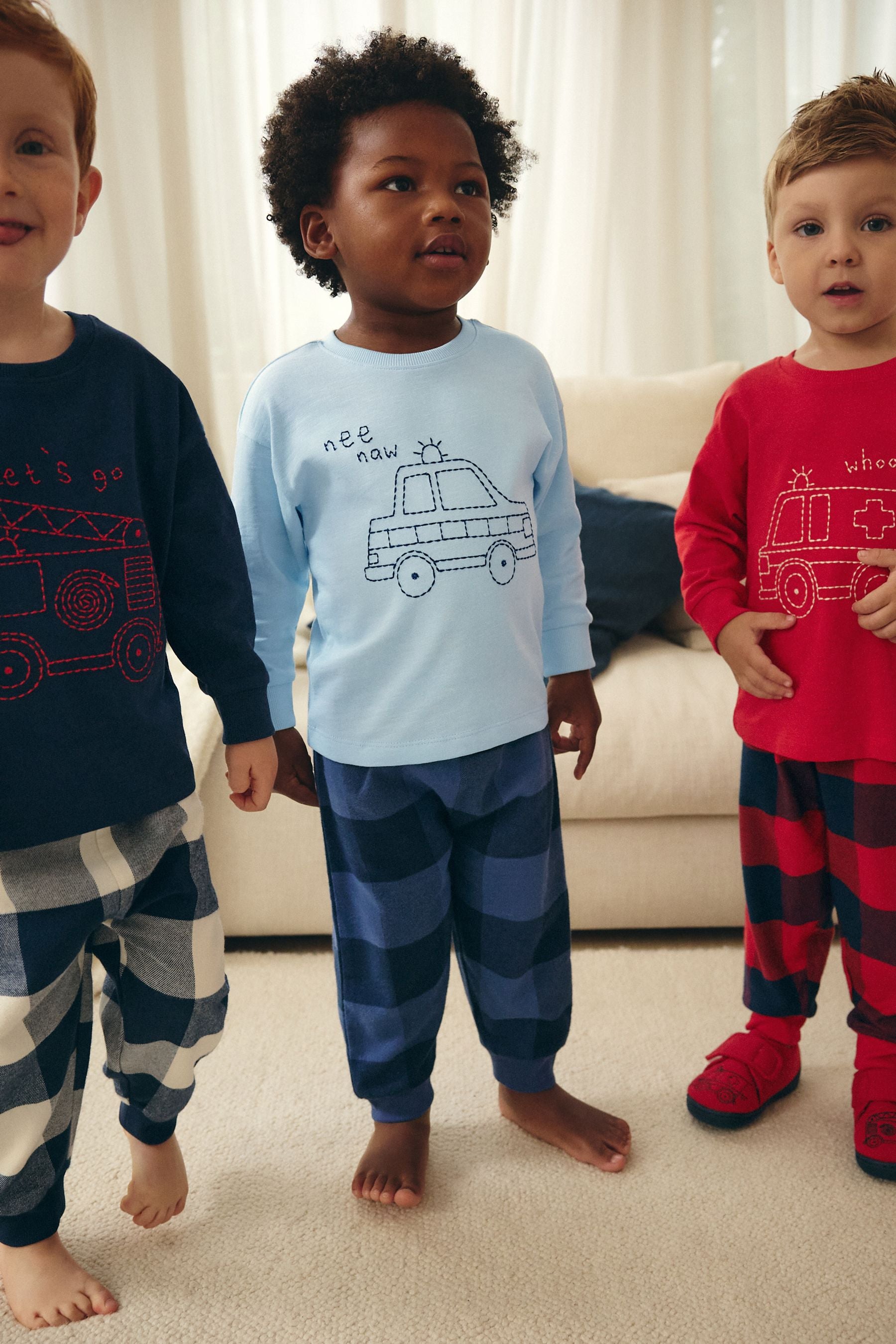 Red/Navy/Blue Vehicle Check Woven Bottom 100% Cotton Pyjamas 3 Pack (9mths-8yrs)