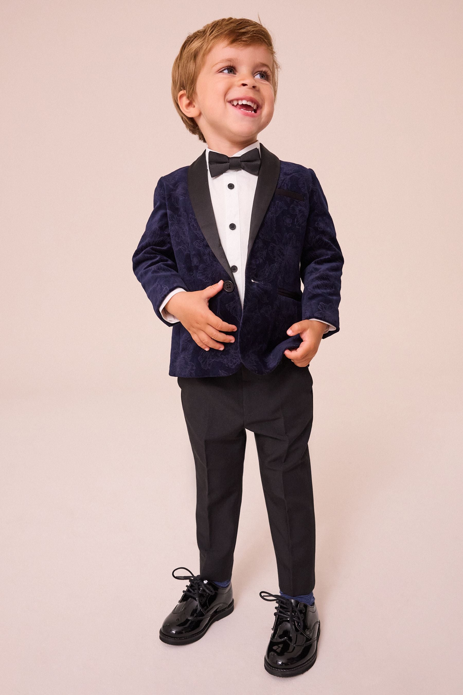 Navy Blue Floral Velvet Blazer, Shirt, Trousers And Bow Tie Set (3mths-9yrs)