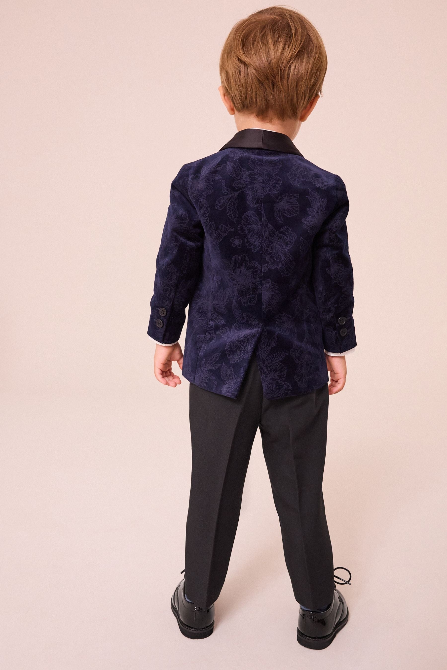 Navy Blue Floral Velvet Blazer, Shirt, Trousers And Bow Tie Set (3mths-9yrs)