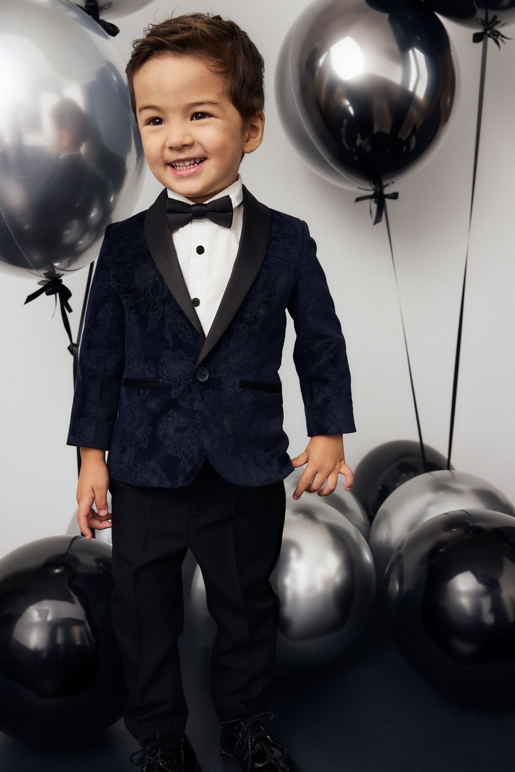 Navy Blue Floral Velvet Blazer, Shirt, Trousers And Bow Tie Set (3mths-9yrs)