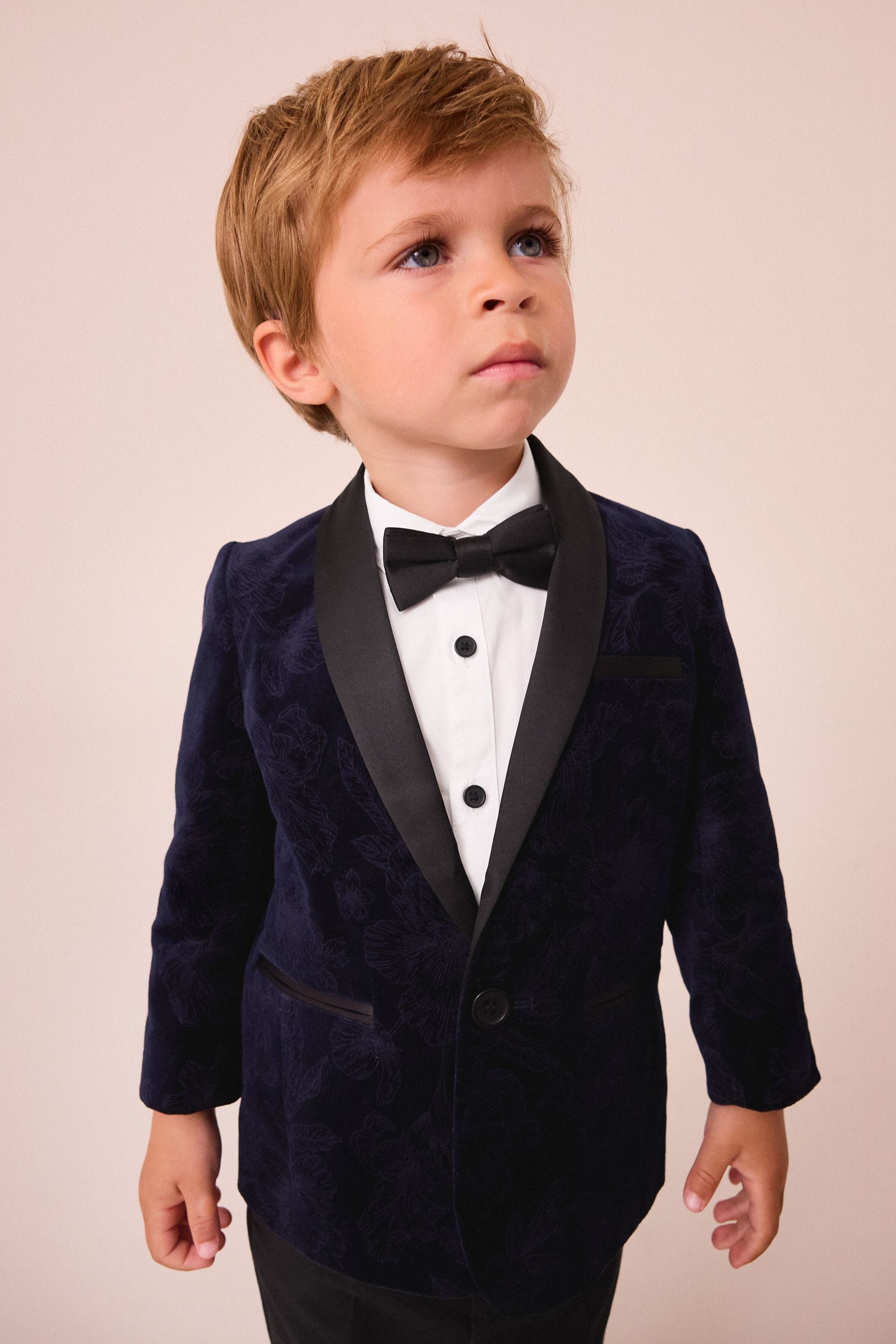 Navy Blue Floral Velvet Blazer, Shirt, Trousers And Bow Tie Set (3mths-9yrs)