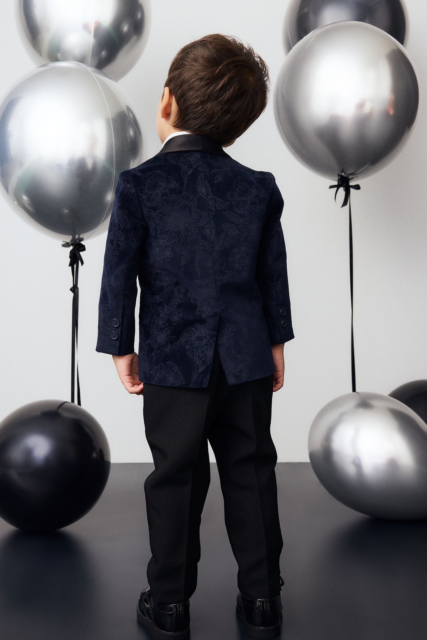 Navy Blue Floral Velvet Blazer, Shirt, Trousers And Bow Tie Set (3mths-9yrs)