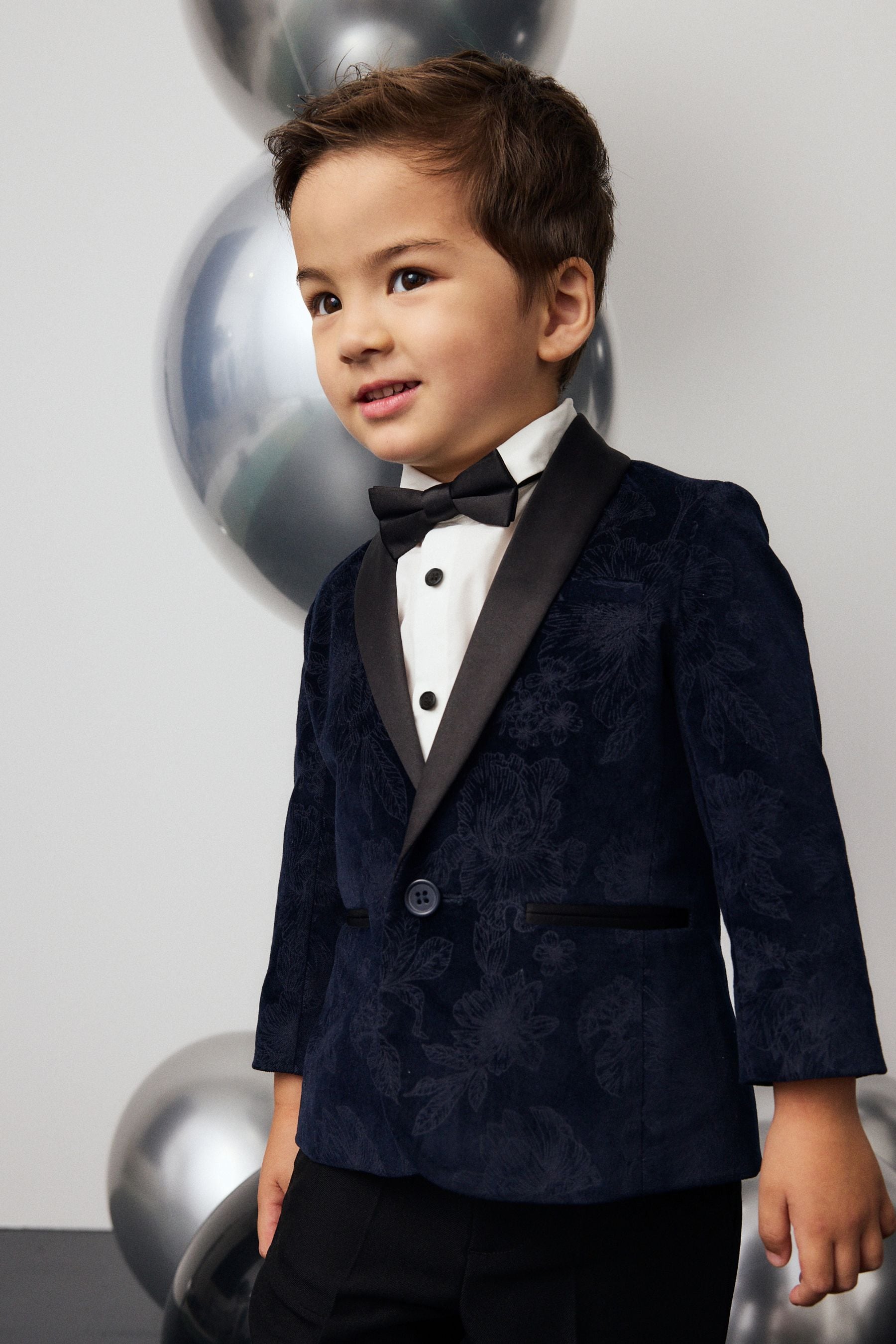 Navy Blue Floral Velvet Blazer, Shirt, Trousers And Bow Tie Set (3mths-9yrs)