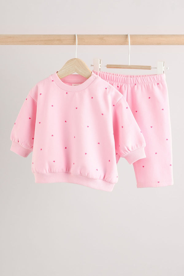 Pink/ Red Heart Print Cosy Baby Sweatshirt And Leggings 2 Piece Set