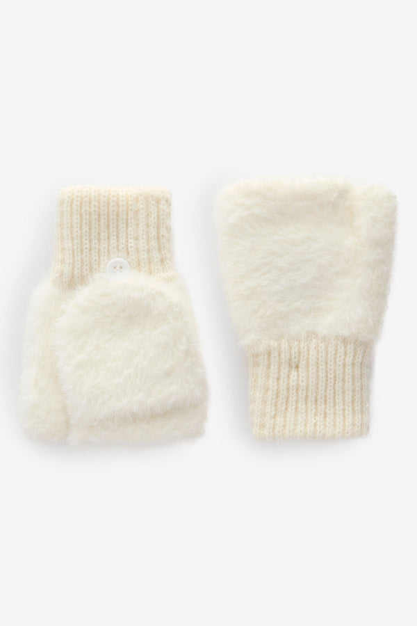 Ecru Cream Fluffy Flip Mittens (3-16yrs)