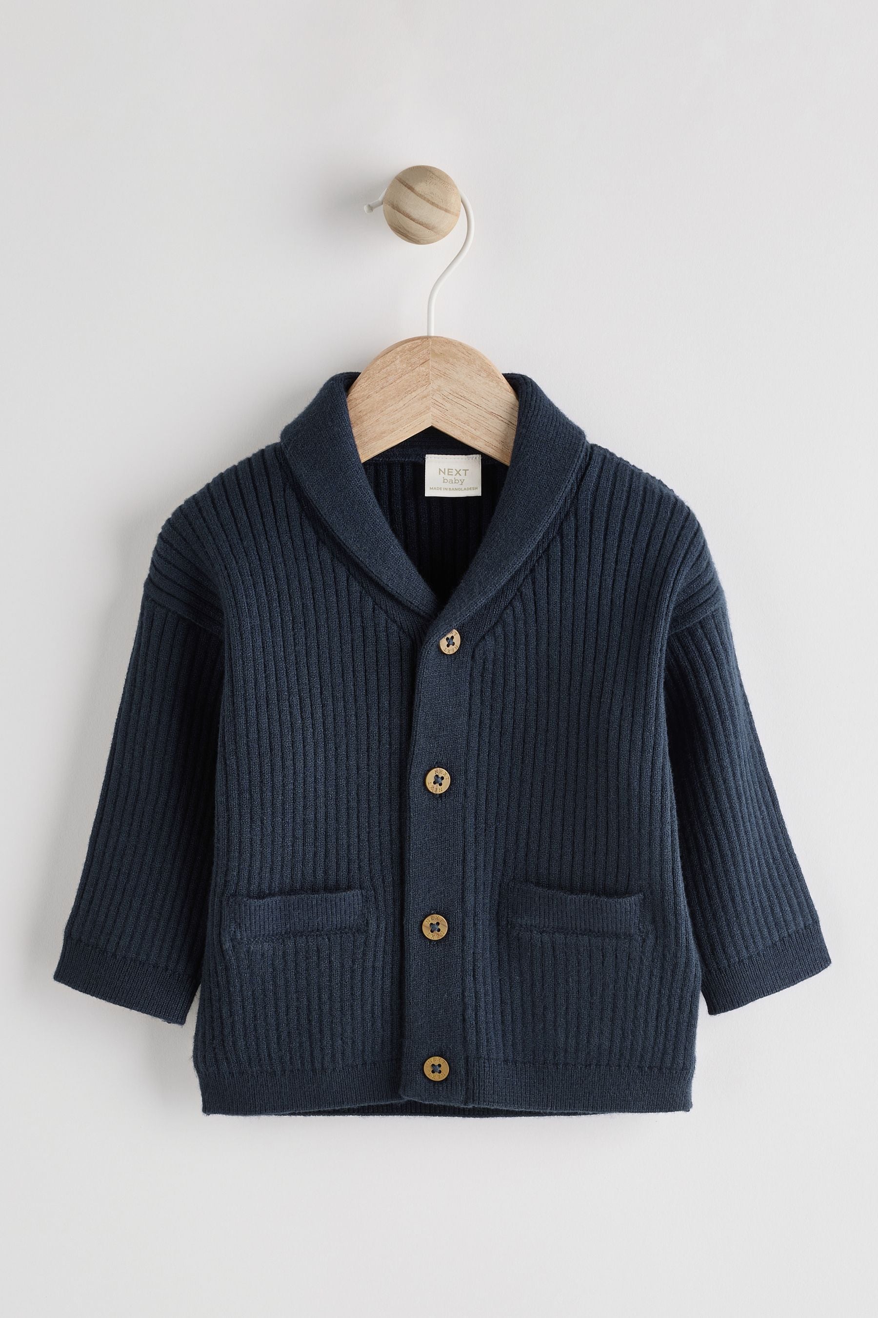 Navy Rib Shawl Baby 100% Cotton Knitted Cardigan (0mths-2yrs)