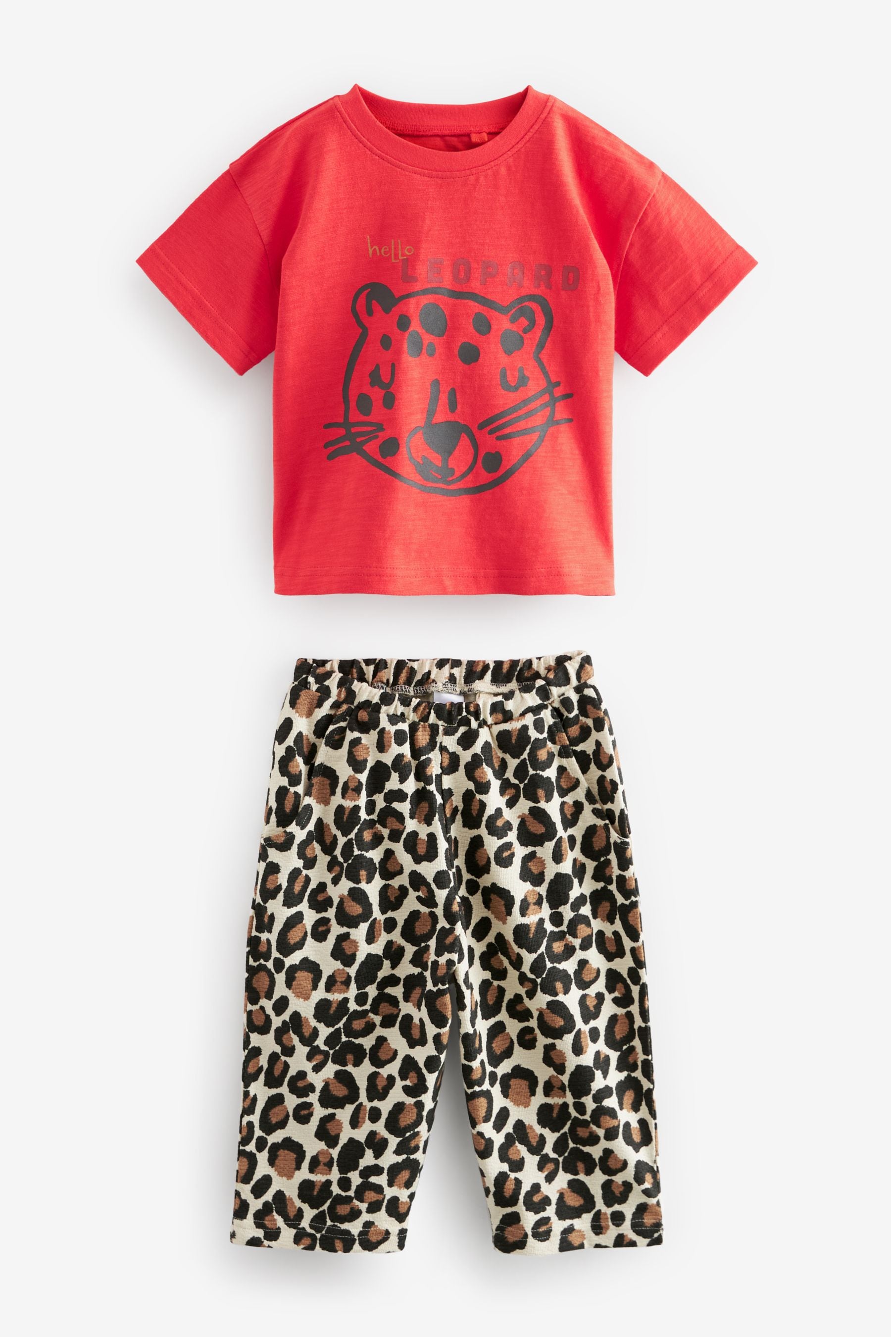 Red Leopard Print Short Sleeve T-Shirt And Wide Leg Trousers (3mths-7yrs)