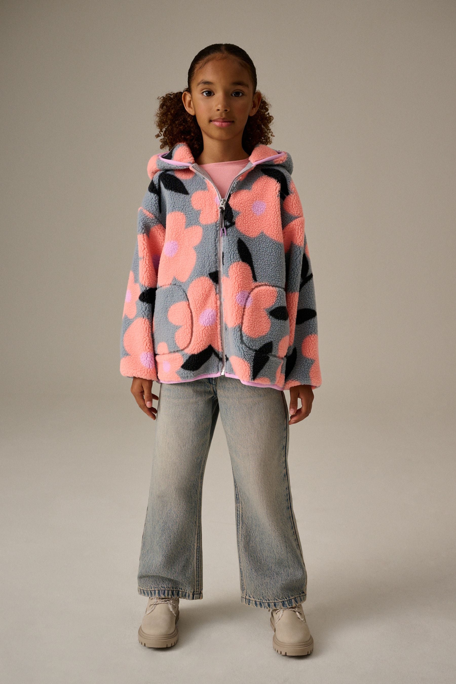 Grey Floral Borg Fleece Hooded Jacket (3-16yrs)