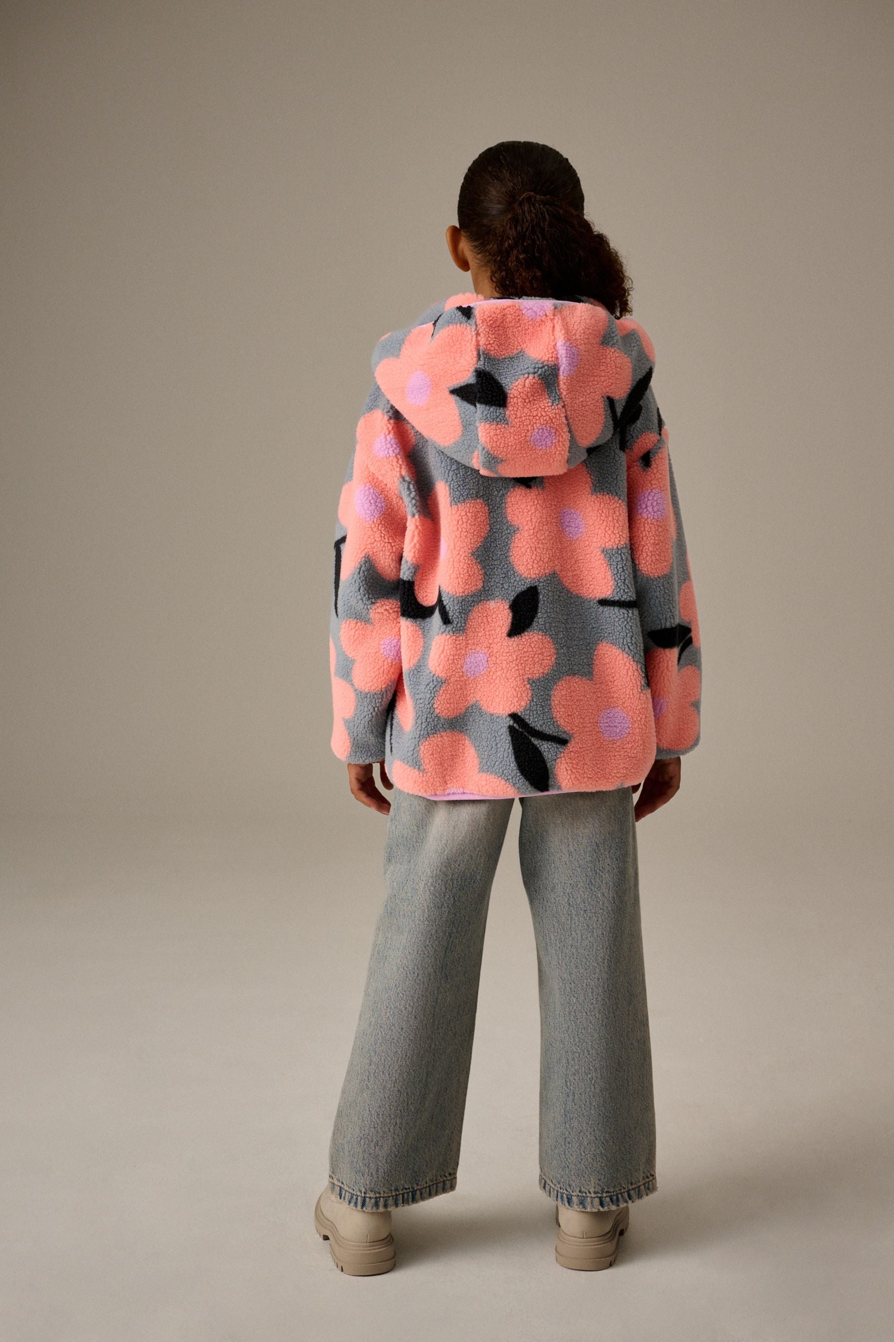 Grey/Pink Floral Borg Fleece Hooded Jacket (3-16yrs)