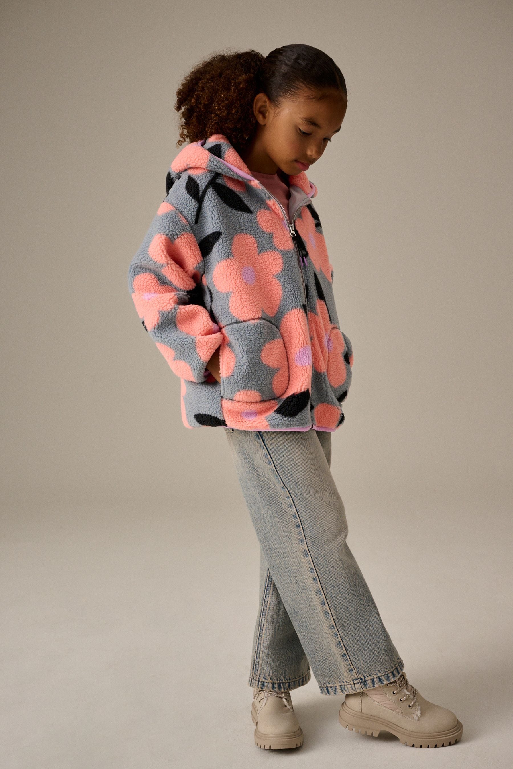 Grey Floral Borg Fleece Hooded Jacket (3-16yrs)