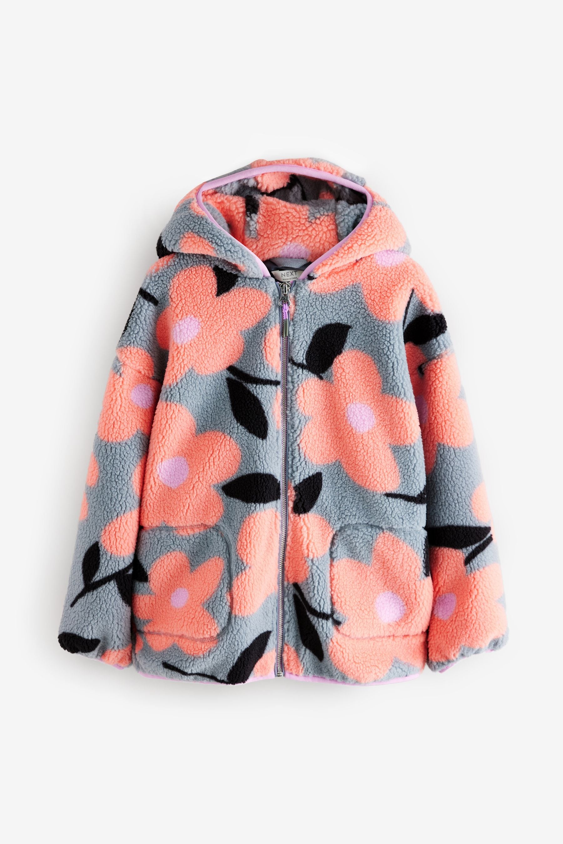 Grey/Pink Floral Borg Fleece Hooded Jacket (3-16yrs)