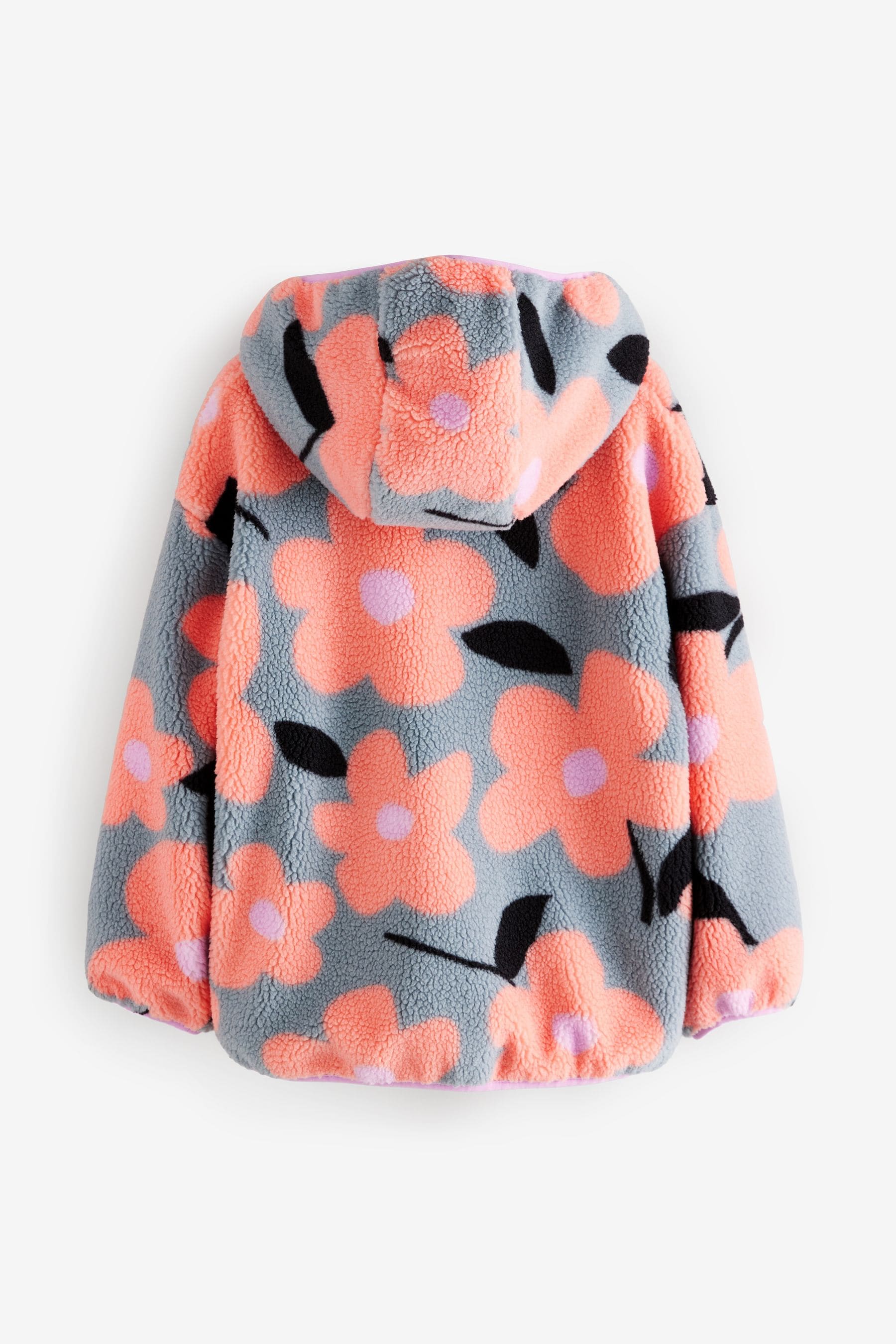 Grey/Pink Floral Borg Fleece Hooded Jacket (3-16yrs)