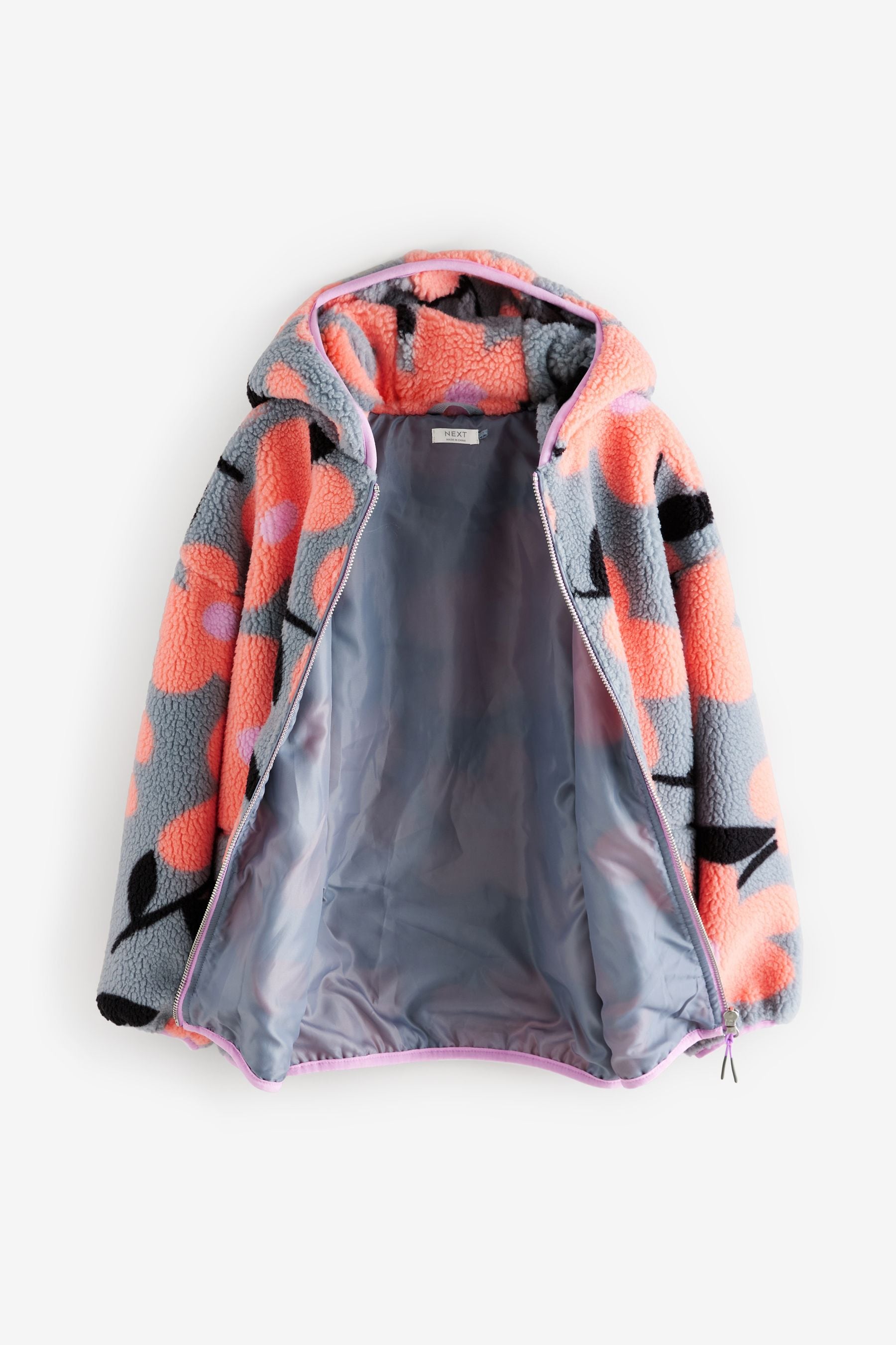 Grey/Pink Floral Borg Fleece Hooded Jacket (3-16yrs)