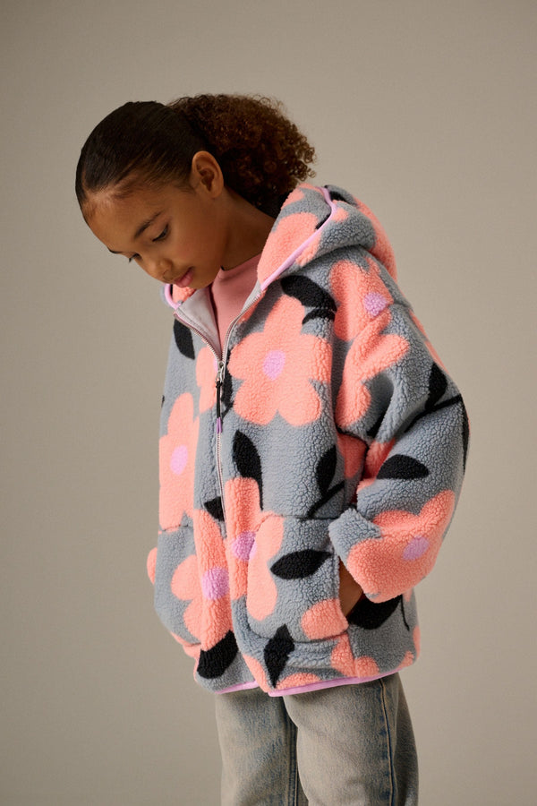 Grey/Pink Floral Borg Fleece Hooded Jacket (3-16yrs)