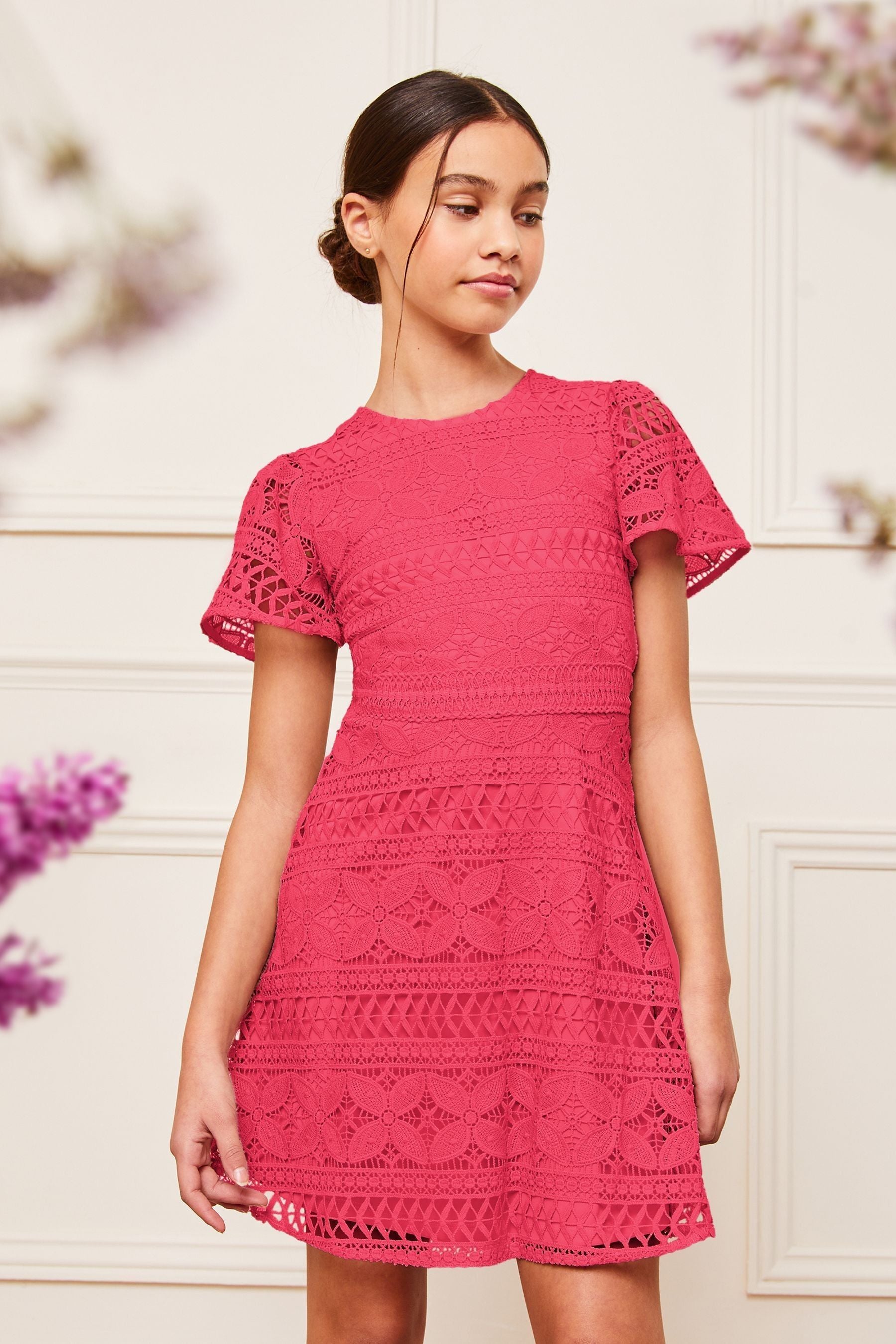 Lipsy Hot Pink Flutter Sleeve Lace Occasion Dress