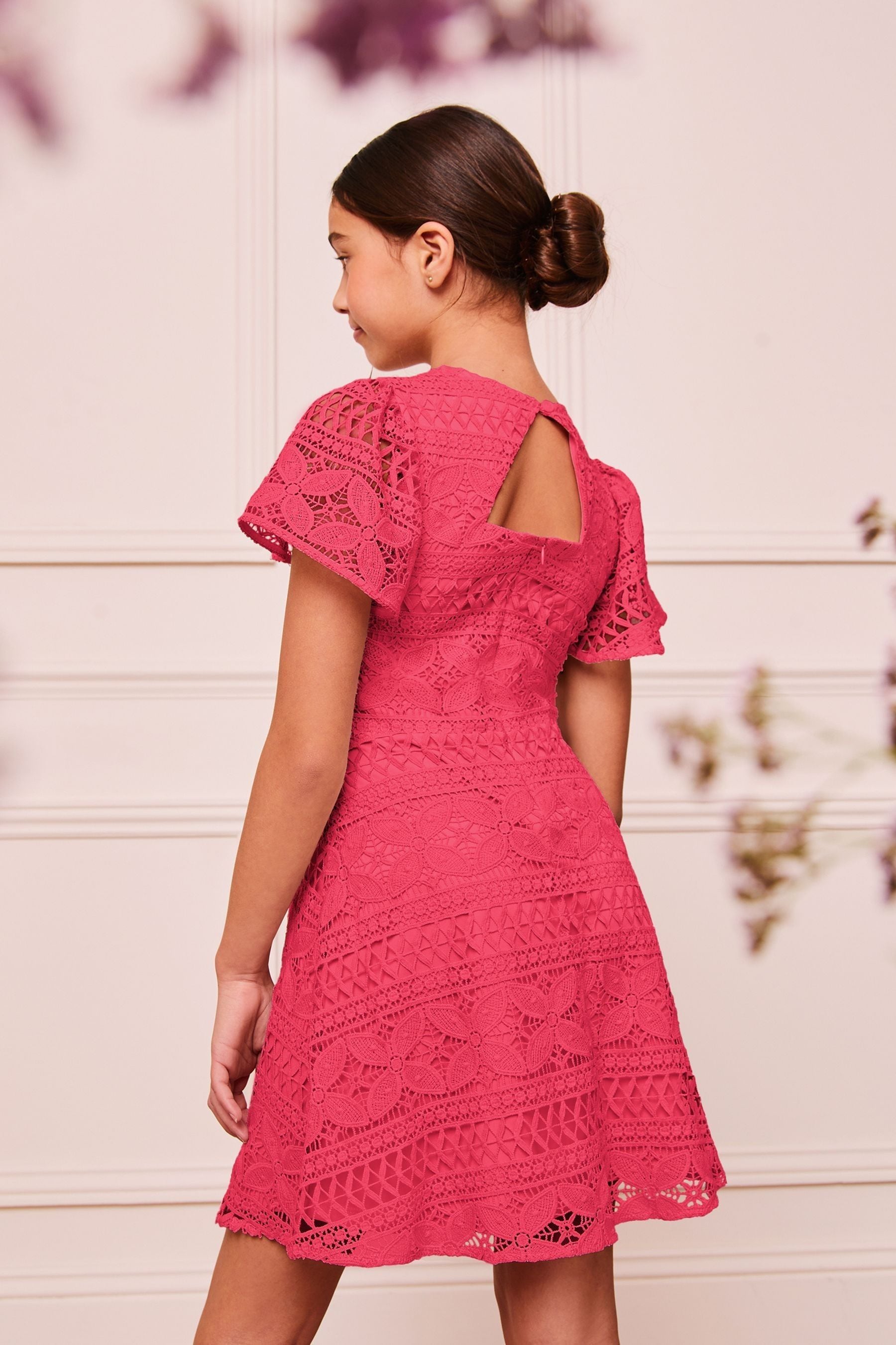 Lipsy Hot Pink Flutter Sleeve Lace Occasion Dress